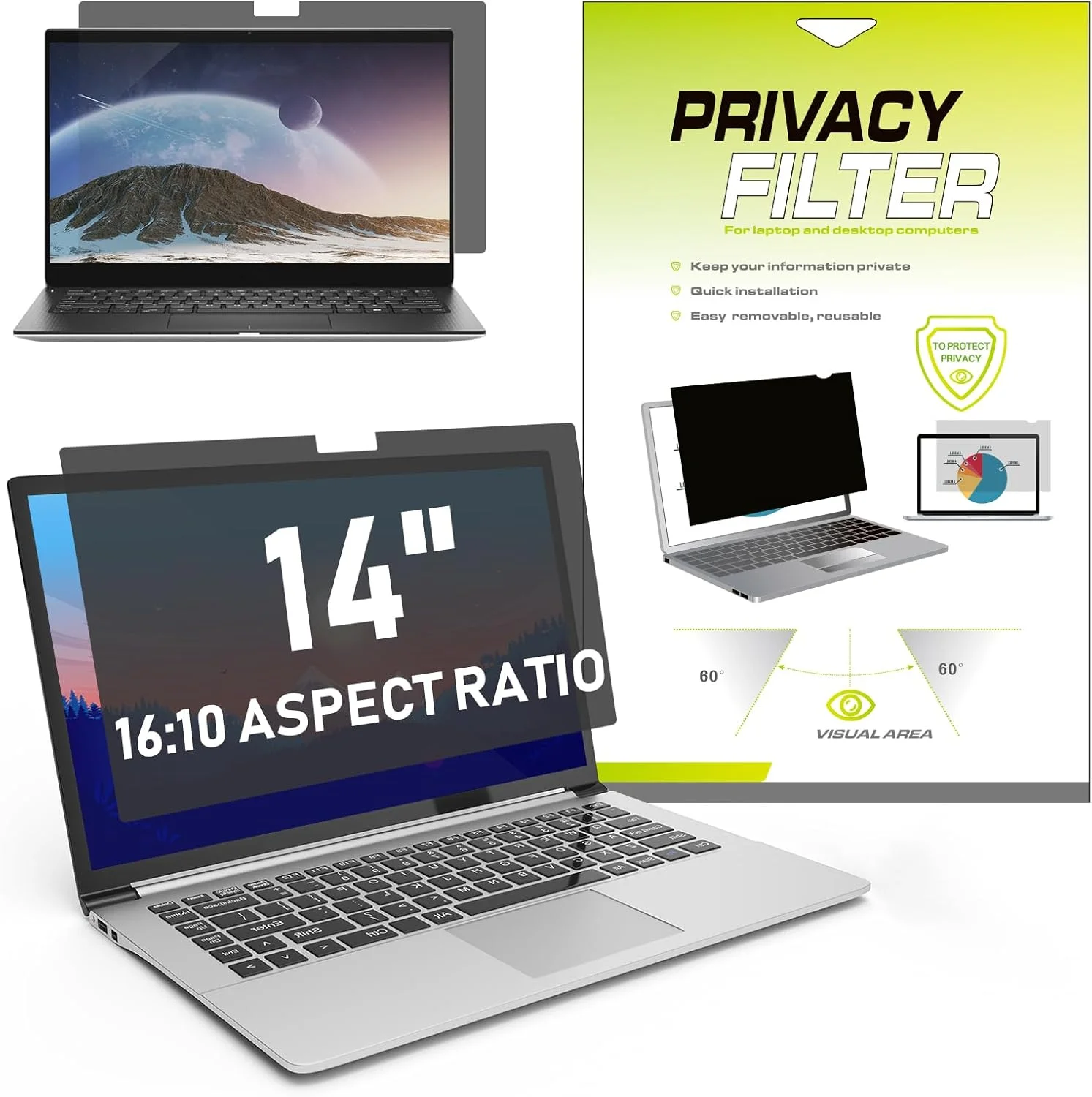 محافظ صفحه نمایش حریم خصوصی LAMA برای لپ تاپ 14 اینچی، فیلتر محافظ صفحه نمایش لپ تاپ با محافظ حریم خصوصی، ضد نور آبی و ضد تابش نور 16:10 (301 x 188 mm)