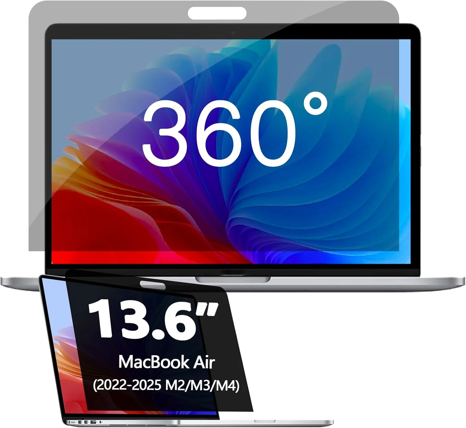 محافظ حریم خصوصی 360 درجه خودچسب برای مک بوک ایر 13.6/13 اینچ (2022-2025, M2, M3, M4)، محافظ صفحه نمایش 4 طرفه، وضوح HD، ضد نور آبی، ضد تابش نور، ضد اثر انگشت