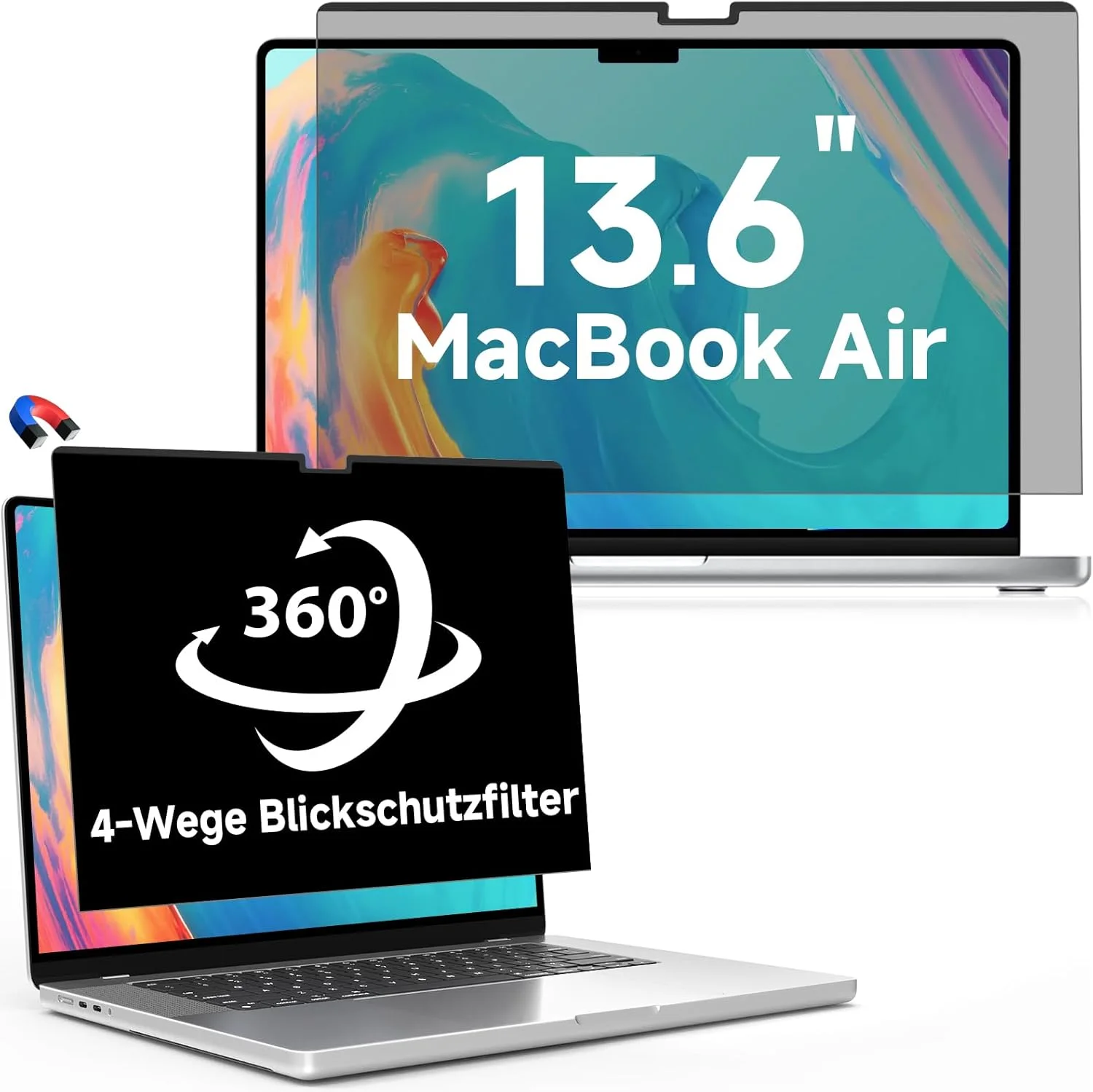 محافظ صفحه نمایش مغناطیسی 360 درجه LUSA DESIGN برای مک بوک ایر 13.6 اینچی (2022-2025, M2/M3/M4)، محافظ صفحه نمایش حریم خصوصی جداشدنی با پوشش وب کم برای ضد تابش نور آبی 13.6 اینچی