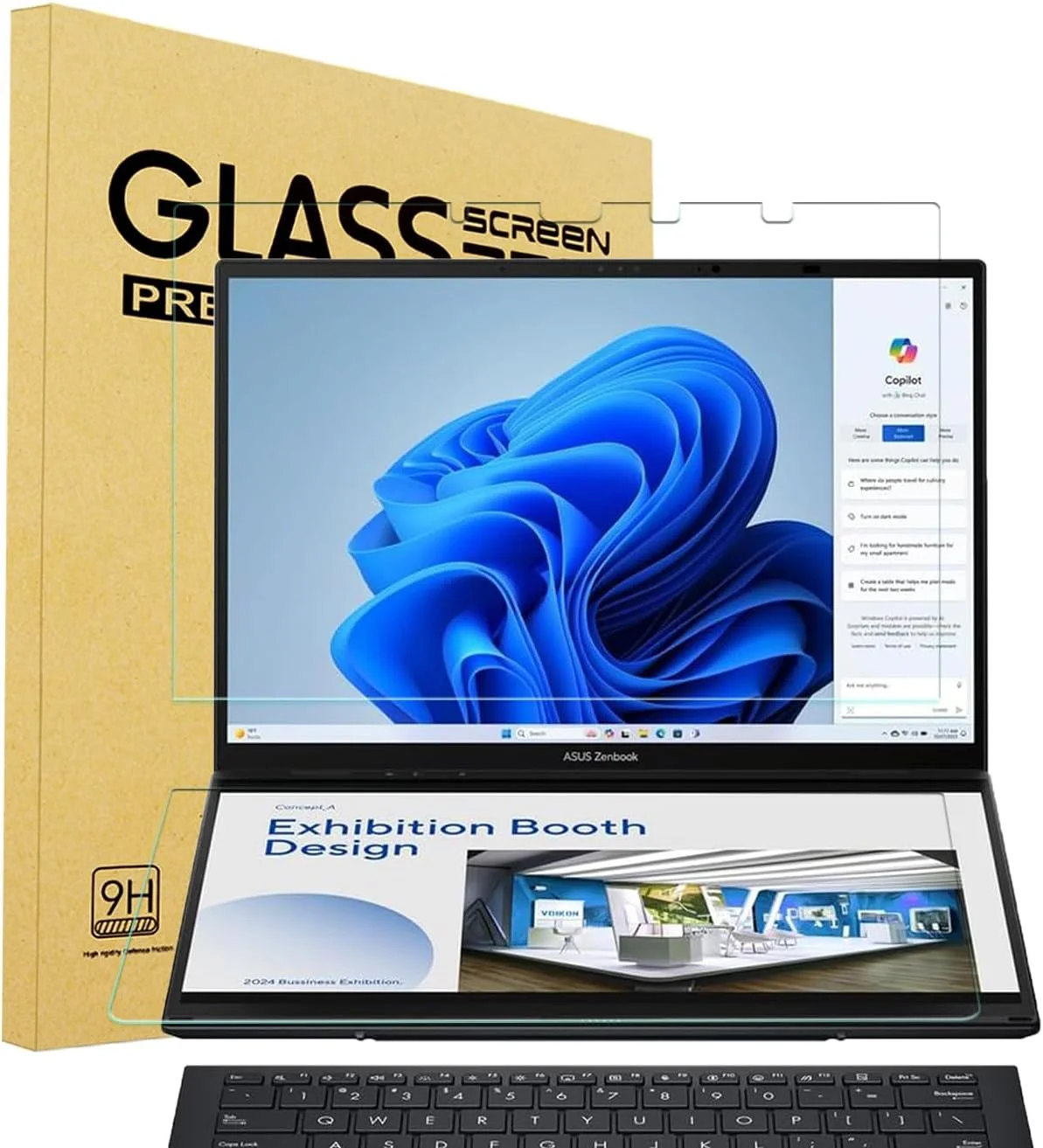 محافظ صفحه نمایش شیشه ای حرارت دیده i-Tensodo، بسته 2 عددی، مناسب برای لپ تاپ 2 در 1 ASUS Zenbook Duo 2025 با دو نمایشگر لمسی 14 اینچی OLED (UX8406)، سختی 9H، شفافیت HD، ضد خش