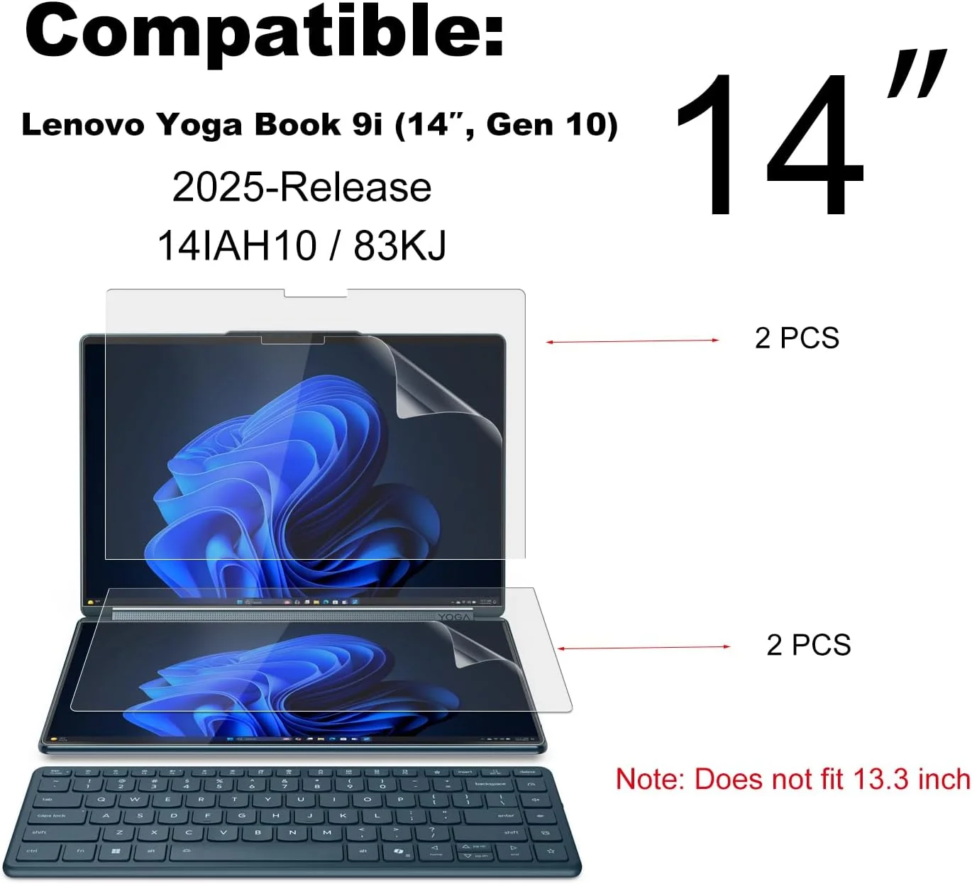 محافظ صفحه نمایش مات ضد انعکاس نور KEANBOLL بسته 4 عددی برای لپ تاپ لمسی جدید 2025 Lenovo Yoga Book 9i (14IAH10) سایز 14 اینچ (2 مجموعه - صفحه نمایش اصلی و فرعی)