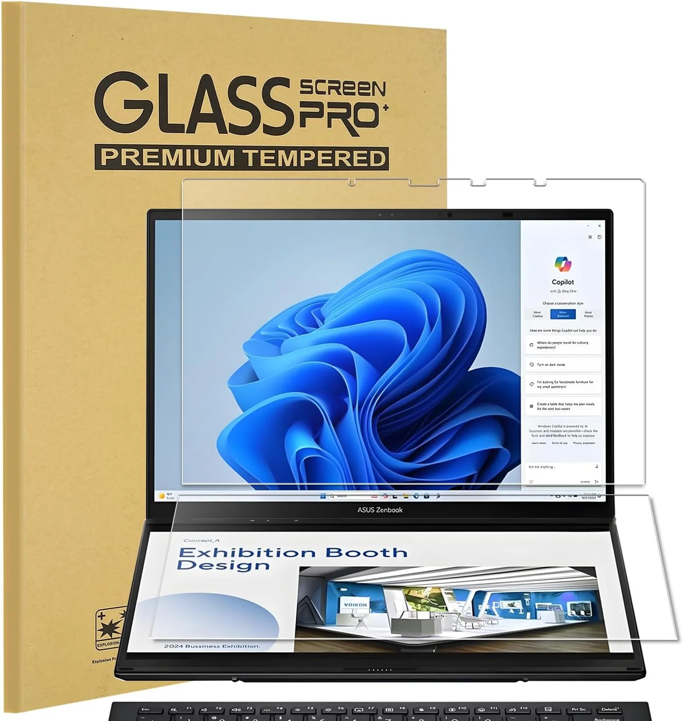 محافظ صفحه نمایش شیشه ای حرارت دیده KEANBOLL، بسته 2 عددی، طراحی شده برای لپ تاپ 2 در 1 ASUS Zenbook Duo Dual 14 اینچی (UX8406) مدل 2024-2025، فوق العاده شفاف، سختی 9H (1 ست - صفحه نمایش اصلی و ثانویه)