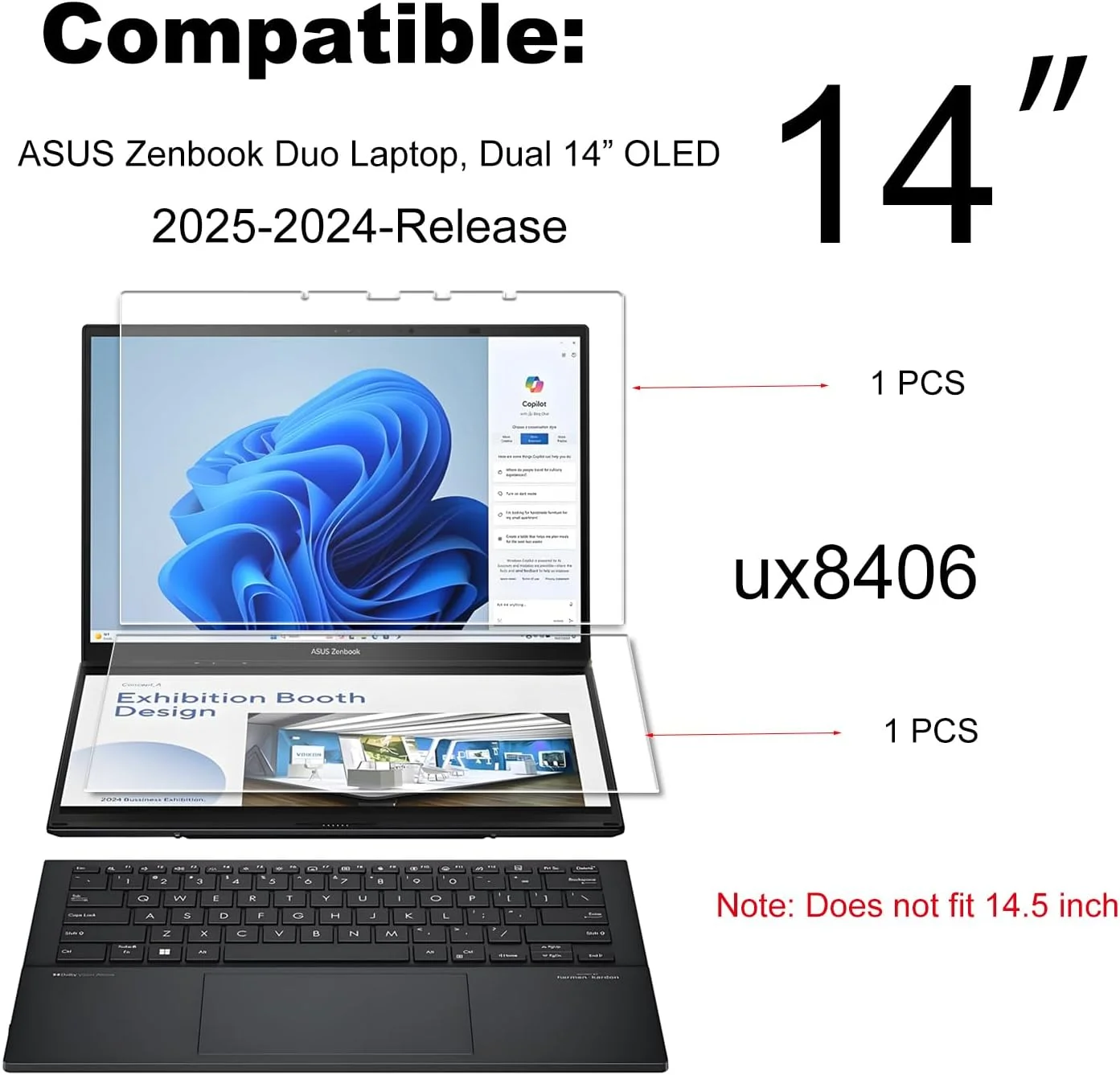 محافظ صفحه نمایش شیشه ای حرارت دیده KEANBOLL، بسته 2 عددی، طراحی شده برای لپ تاپ 2 در 1 ASUS Zenbook Duo Dual 14 اینچی (UX8406) مدل 2024-2025، فوق العاده شفاف، سختی 9H (1 ست - صفحه نمایش اصلی و ثانویه)