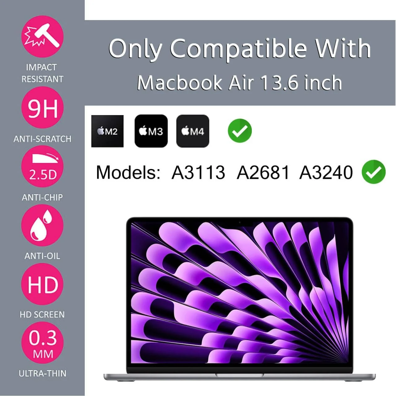 محافظ صفحه نمایش شیشه ای حرارت دیده برای مک بوک ایر ۱۳.۶ اینچی (مدل های A3240 A3113 A2681) مدل های ۲۰۲۲-۲۰۲۵، محافظ صفحه نمایش مک بوک ایر ۱۳ اینچی با تراشه M4 M3 M2 [شیشه حرارت دیده با سختی 9H] [بدون حباب] [ضد اثر انگشت]