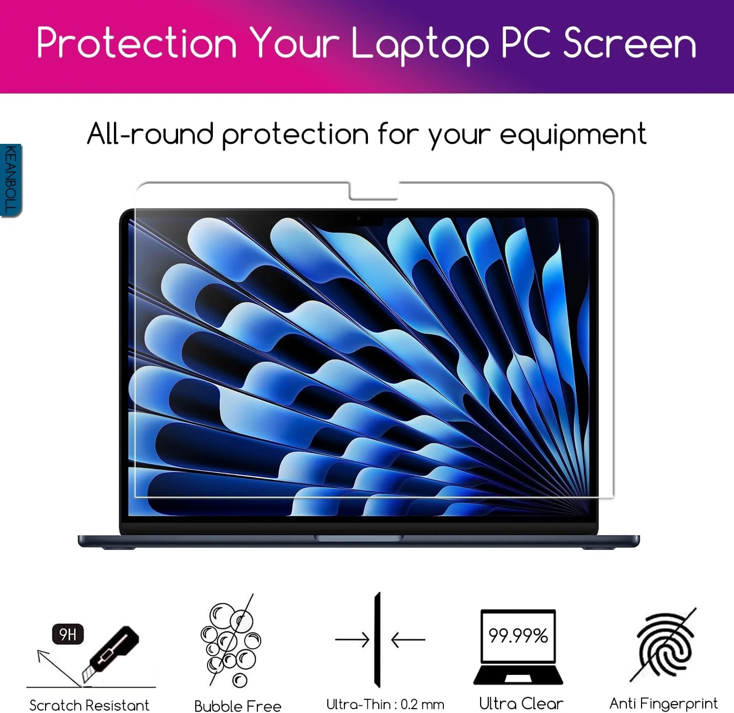 محافظ صفحه نمایش شیشه ای حرارت دیده KEANBOLL، بسته 2 عددی، برای لپ تاپ جدید Apple MacBook Air 15 اینچی (مدل: A3241 A3114 A2941) 2025-2024-2023 با تراشه M4 M3 M2، لپ تاپ 15.3 اینچی، سختی 9H، مقاوم در برابر خراش