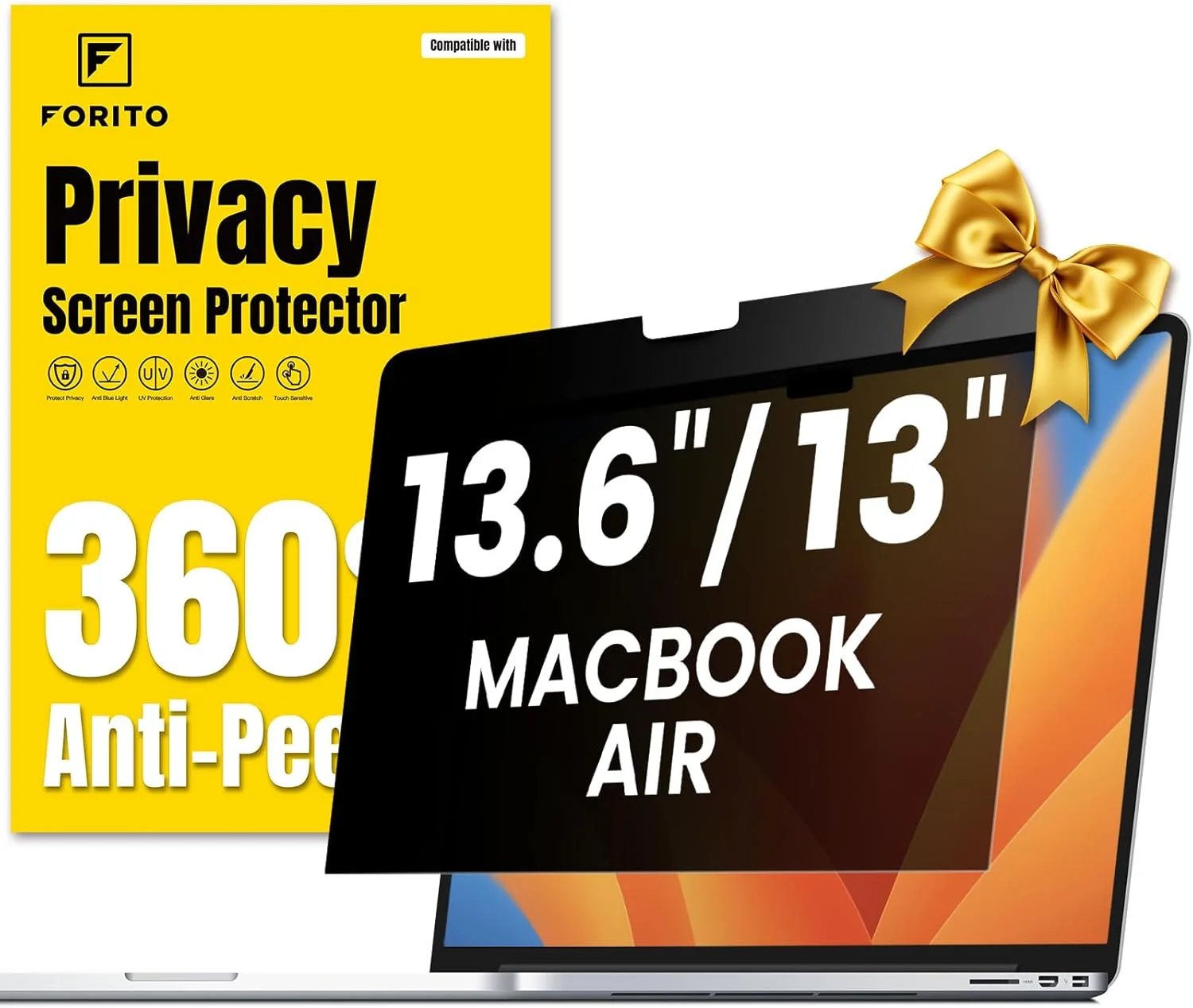محافظ صفحه نمایش حریم خصوصی 360 درجه F FORITO سازگار با مک بوک ایر 13.6 اینچی (2022-2025، M2، M3، M4)، ضد تابش نور و ضد اثر انگشت