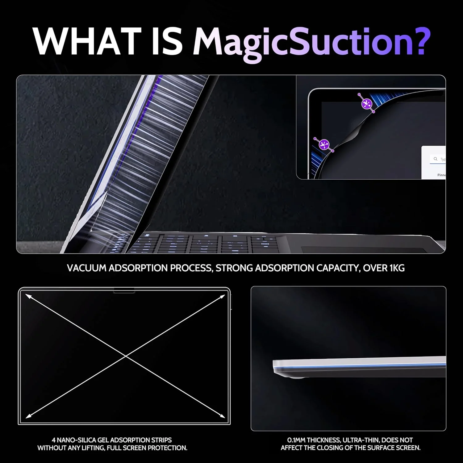 محافظ حریم خصوصی برای لپ تاپ ۱۳.۵ اینچی سرفیس ۶/۵/۴/۳/۲/۱، محافظ مشکی ضد جاسوسی قابل جابجایی MagicSuction™، فیلتر نور آبی ضد تابش خیره کننده برای مانیتور کامپیوتر لپ تاپ مایکروسافت