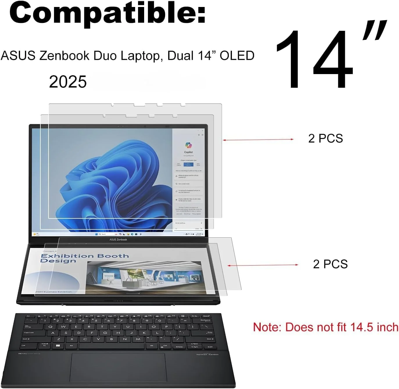 محافظ صفحه نمایش با وضوح بالا، مقاوم در برابر خش، سازگار با لپ تاپ 2 در 1 ایسوس Zenbook Duo 2025 مدل UX8406 با صفحه نمایش دوگانه 14 اینچی OLED (4 عدد - 2 مجموعه - صفحه نمایش اصلی و فرعی)