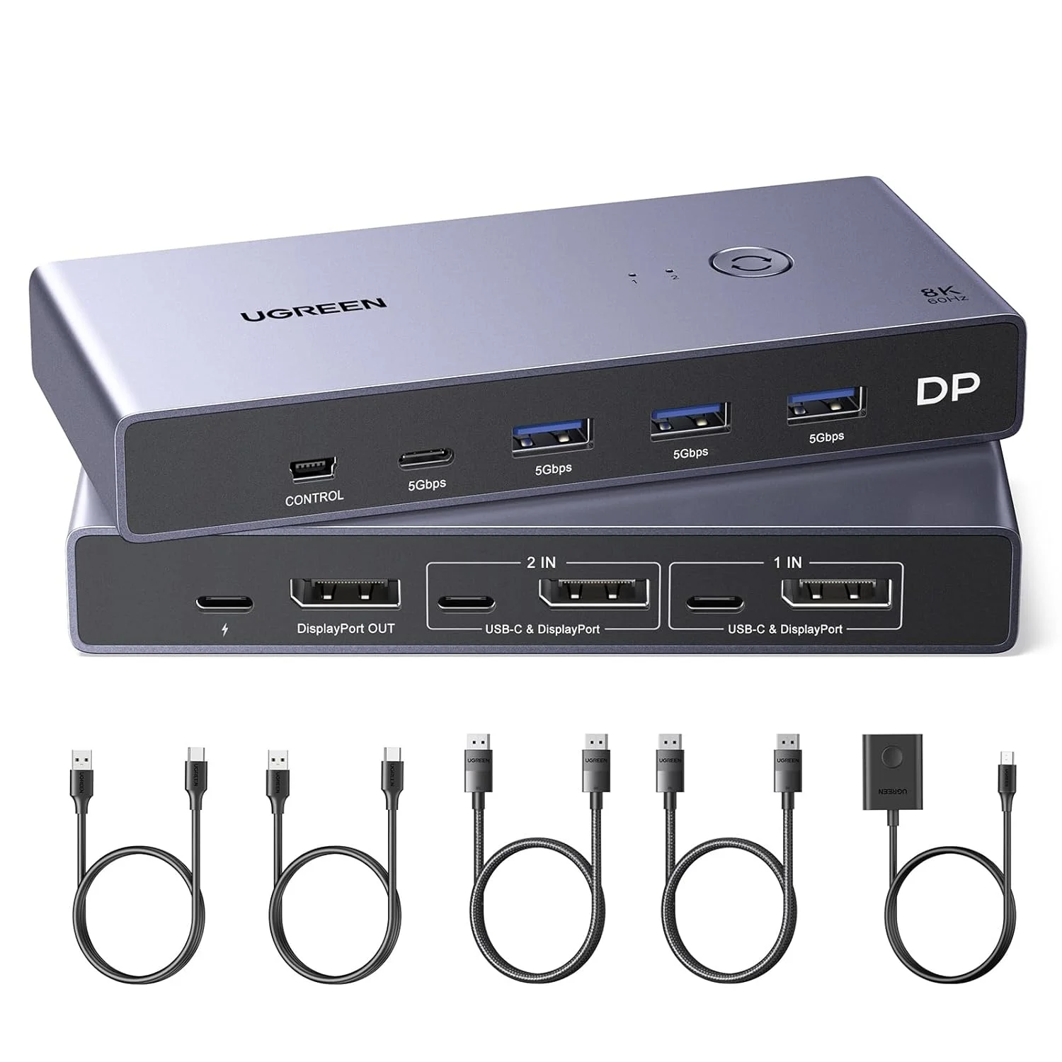 سوئیچ KVM دیسپلی‌پورت 8K یوگرین 2 به 1 با 4 پورت USB 3.0 (3 USB-A + 1 USB-C) پشتیبانی از 8K@60Hz 4K@240Hz اشتراک‌گذاری 1 مانیتور، کیبورد، ماوس، یو-دیسک، پرینتر، همراه با 2 کابل DP، 2 کابل USB A به C