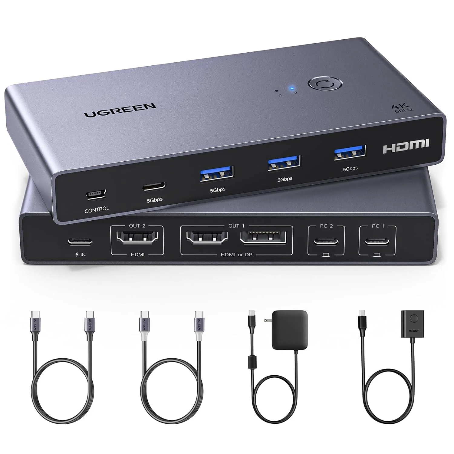 سوئیچ KVM یوگرین USB-C، دو مانیتور، دو لپ‌تاپ با 4 پورت USB 3.0، کیفیت 4K@60Hz برای اشتراک‌گذاری دو لپ‌تاپ از دو مانیتور، کیبورد، ماوس، هارد درایو، پرینتر با آداپتور برق PD100W، 2 کابل USB، کنترلر