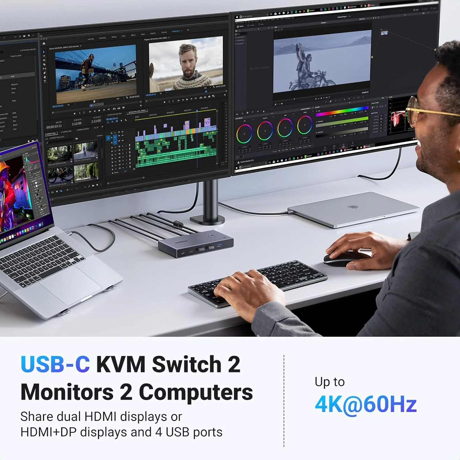 سوئیچ KVM یوگرین USB-C، دو مانیتور، دو لپ‌تاپ با 4 پورت USB 3.0، کیفیت 4K@60Hz برای اشتراک‌گذاری دو لپ‌تاپ از دو مانیتور، کیبورد، ماوس، هارد درایو، پرینتر با آداپتور برق PD100W، 2 کابل USB، کنترلر