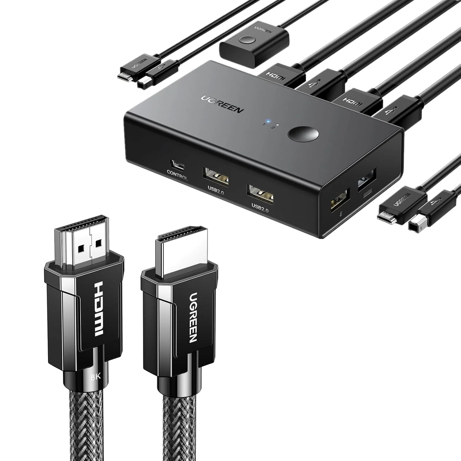 سوئیچ KVM یوگرین، 1 مانیتور 2 کامپیوتر، اشتراک 4 پورت USB، سوئیچ HDMI KVM برای کیبورد، ماوس و پرینتر به یک مانیتور، همراه با کابل 8K HDMI 2.1 با سرعت فوق العاده 6.6 فوت