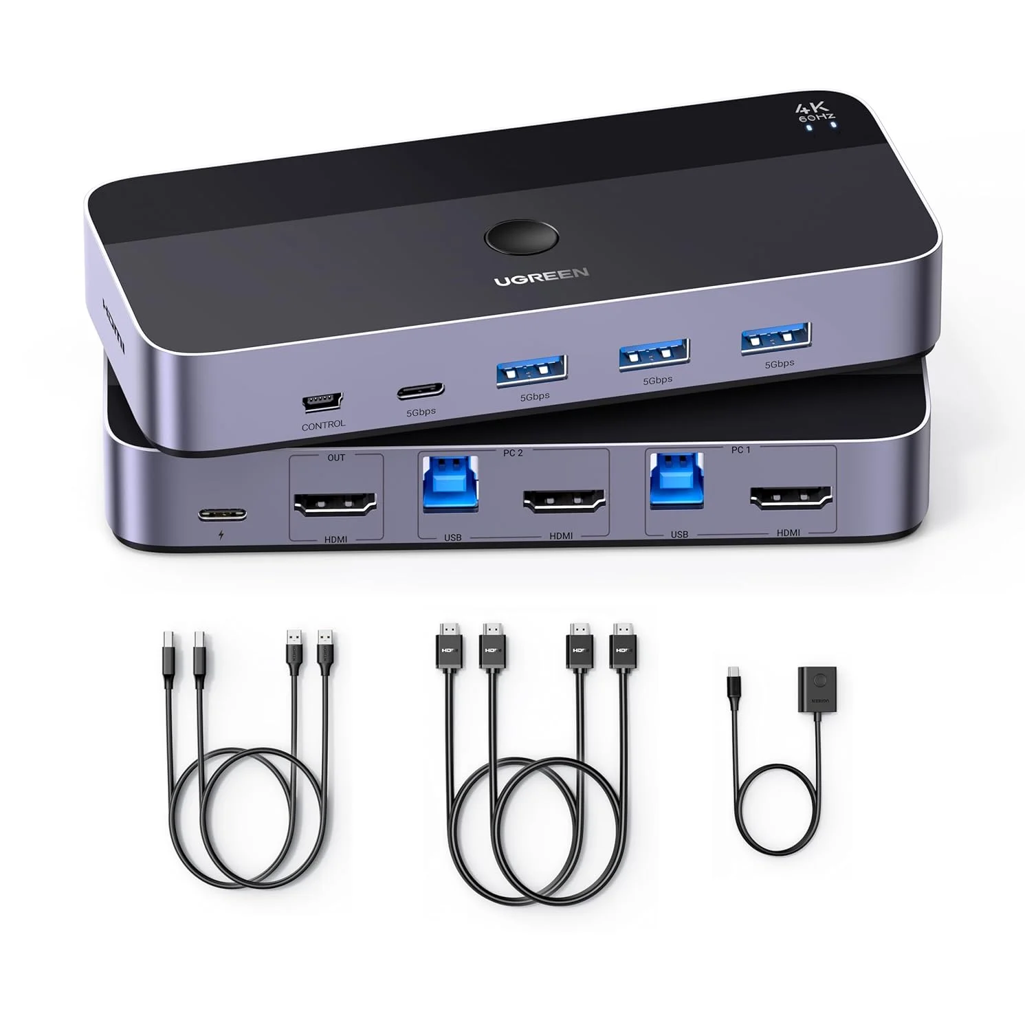 سوئیچ KVM یوگرین HDMI با 1 مانیتور و 2 کامپیوتر، دارای 4 پورت USB 3.0 با رزولوشن 4K@60Hz برای به اشتراک گذاری یک مانیتور، کیبورد، ماوس و پرینتر بین 2 کامپیوتر به همراه 2 کابل HDMI، 2 کابل USB و کنترلر