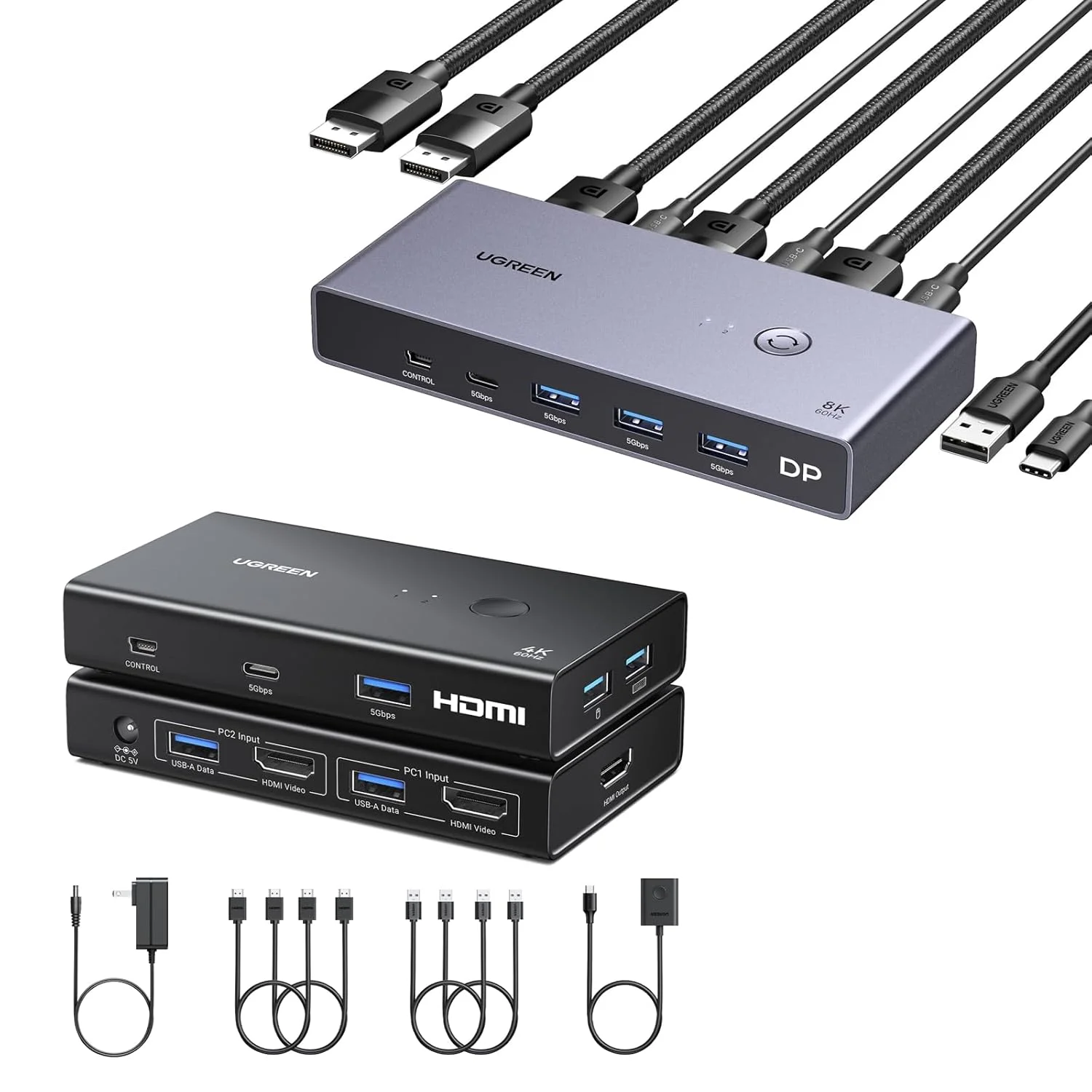 سوئیچ KVM دیسپلی‌پورت 8K یوگرین DP 1.4 با 4 پورت USB 3.0 به همراه سوئیچ KVM HDMI با 1 مانیتور، 2 کامپیوتر، 4 پورت USB 3.0 و رزولوشن 4K@60Hz