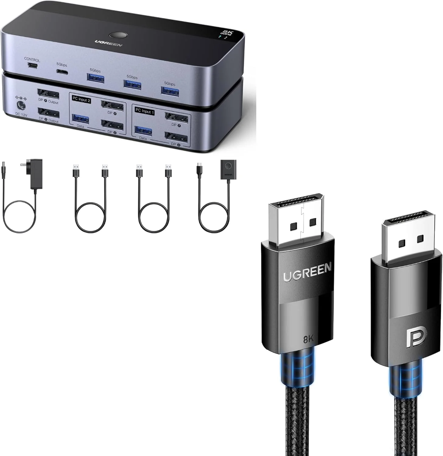 سوییچ KVM دیسپلی پورت UGREEN با رزولوشن 8K@60Hz، دو مانیتور، دو کامپیوتر، همراه با کابل دیسپلی پورت 8K دارای گواهی VESA به طول 2 متر، کابل دیسپلی پورت DP 1.4
