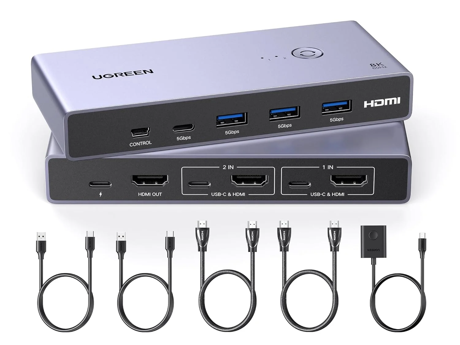 سوئیچ KVM یوگرین 8K HDMI با 4 پورت USB 3.0 (3 پورت USB-A + 1 پورت USB-C) برای اشتراک گذاری 1 مانیتور، کیبورد، ماوس، هارد درایو و پرینتر بین 2 کامپیوتر به همراه 2 کابل HDMI، 2 کابل USB و کنترلر