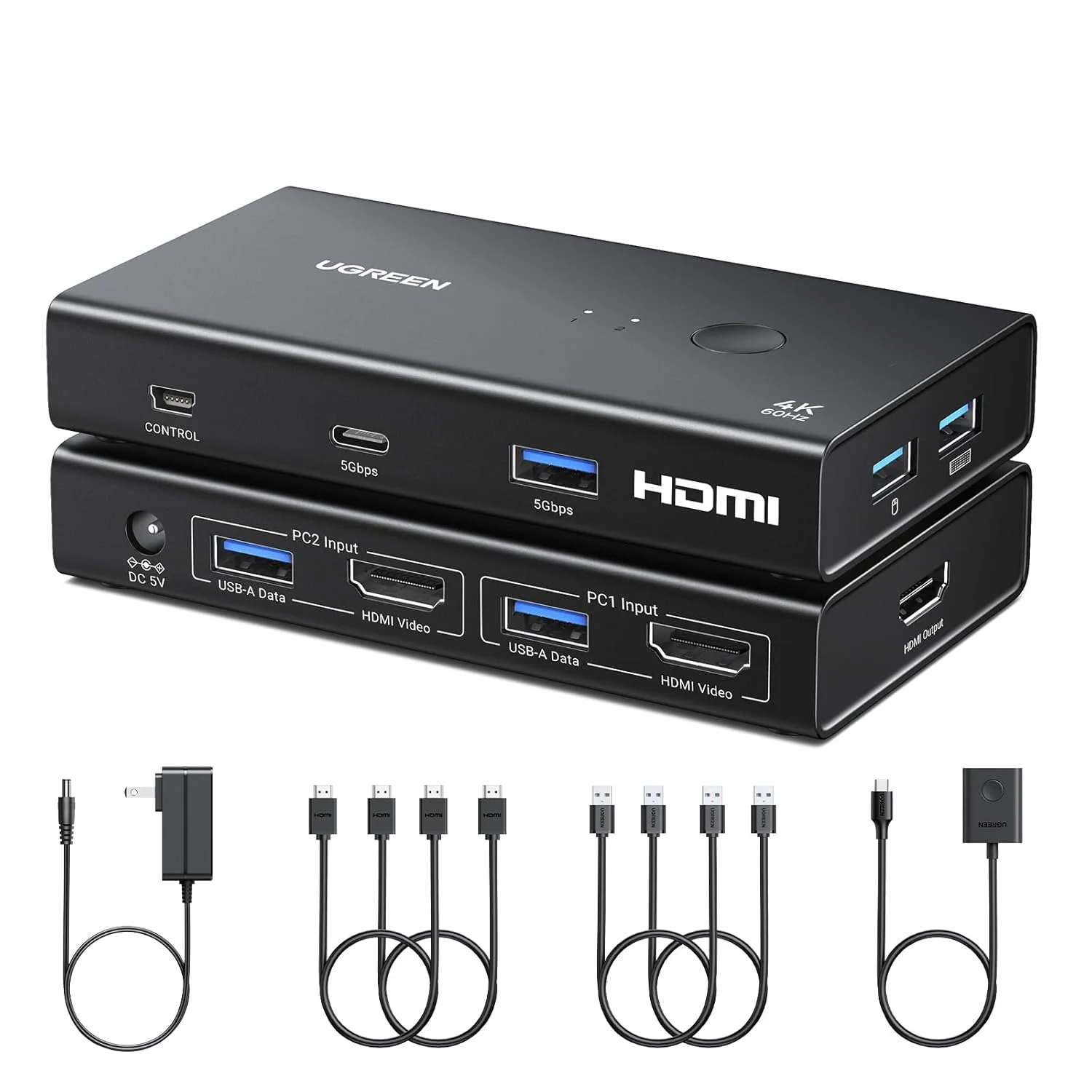 سوئیچ KVM یوگرین HDMI، یک مانیتور، دو کامپیوتر با 4 پورت USB 3.0، سوئیچ KVM 4K@60Hz برای 2 کامپیوتر، اشتراک مانیتور، کیبورد، ماوس، پرینتر با 2 کابل HDMI، 2 کابل USB، آداپتور برق، کنترلر
