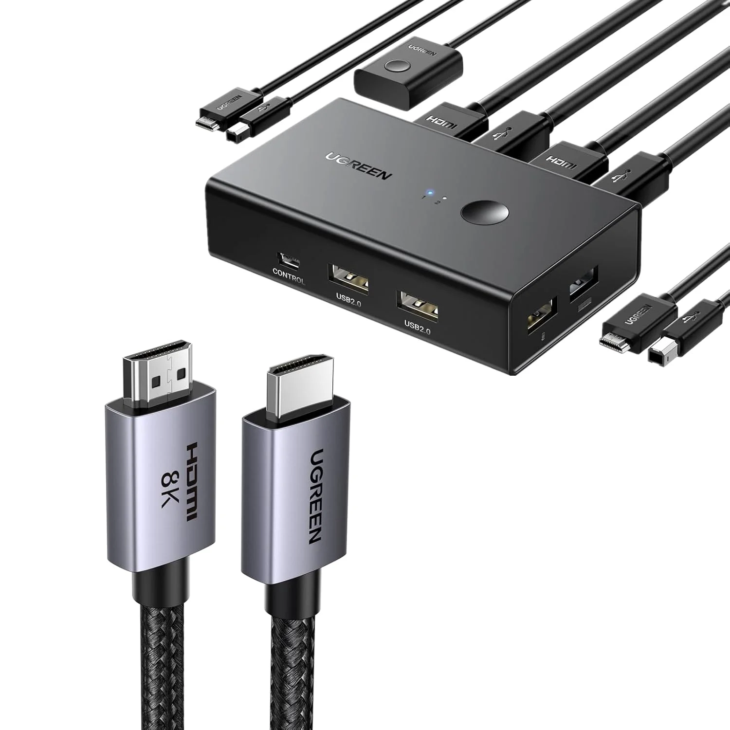 سوئیچ KVM یوگرین، 1 مانیتور 2 کامپیوتر، اشتراک 4 پورت USB، سوئیچ HDMI KVM برای کیبورد، ماوس و پرینتر به همراه کابل 8K HDMI 2.1 با سرعت 48 گیگابیت بر ثانیه و طول 2 متر، کابل آلومینیومی با سرعت فوق العاده بالا