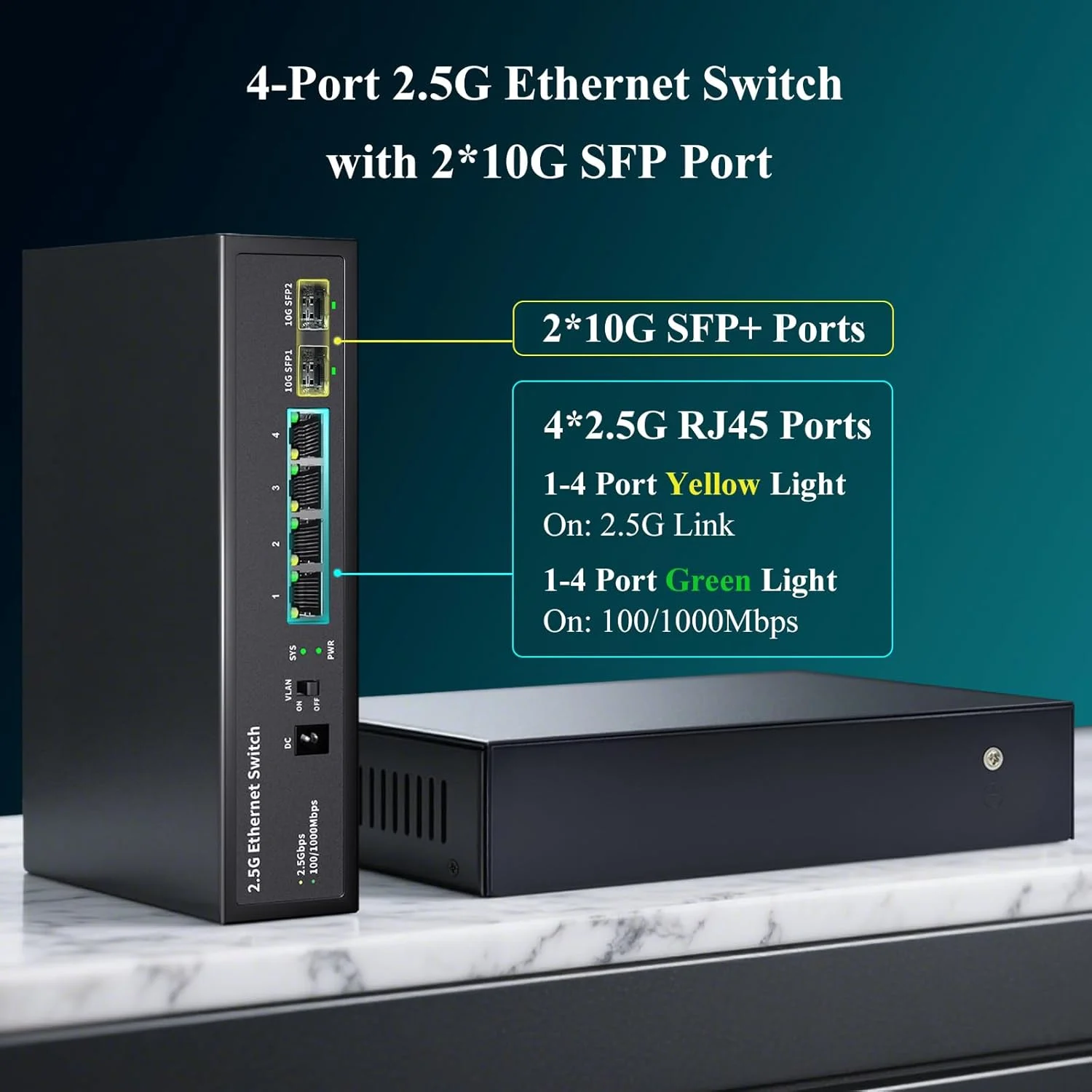 سوئیچ اترنت 6 پورت 2.5 گیگابیتی غیر مدیریتی | 4 پورت 2.5 گیگابیت | 2 پورت 10G SFP+ | سوئیچ MultiGig 10-100-1000Mbps | پهنای باند 60G | Plug & Play | سوئیچ اترنت فلزی بدون فن