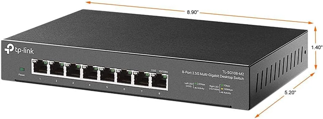 سوئیچ شبکه غیر مدیریتی 8 پورت TP-Link TL-SG108-M2، اسپلیتر اترنت، پهنای باند 2.5 گیگابیت بر ثانیه، طراحی فلزی بدون فن، نصب آسان رومیزی/دیواری