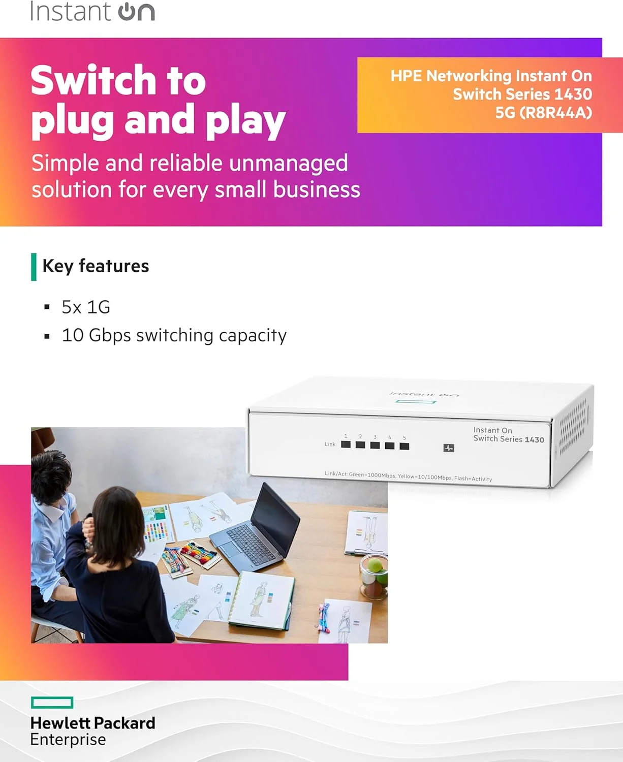 سوئیچ اترنت غیر مدیریتی لایه 2 گیگابیتی 5 پورت HPE Networking Instant On سری 1430 | 5X 1G | بدون فن | سیم برق ایالات متحده (R8R44A#ABA)