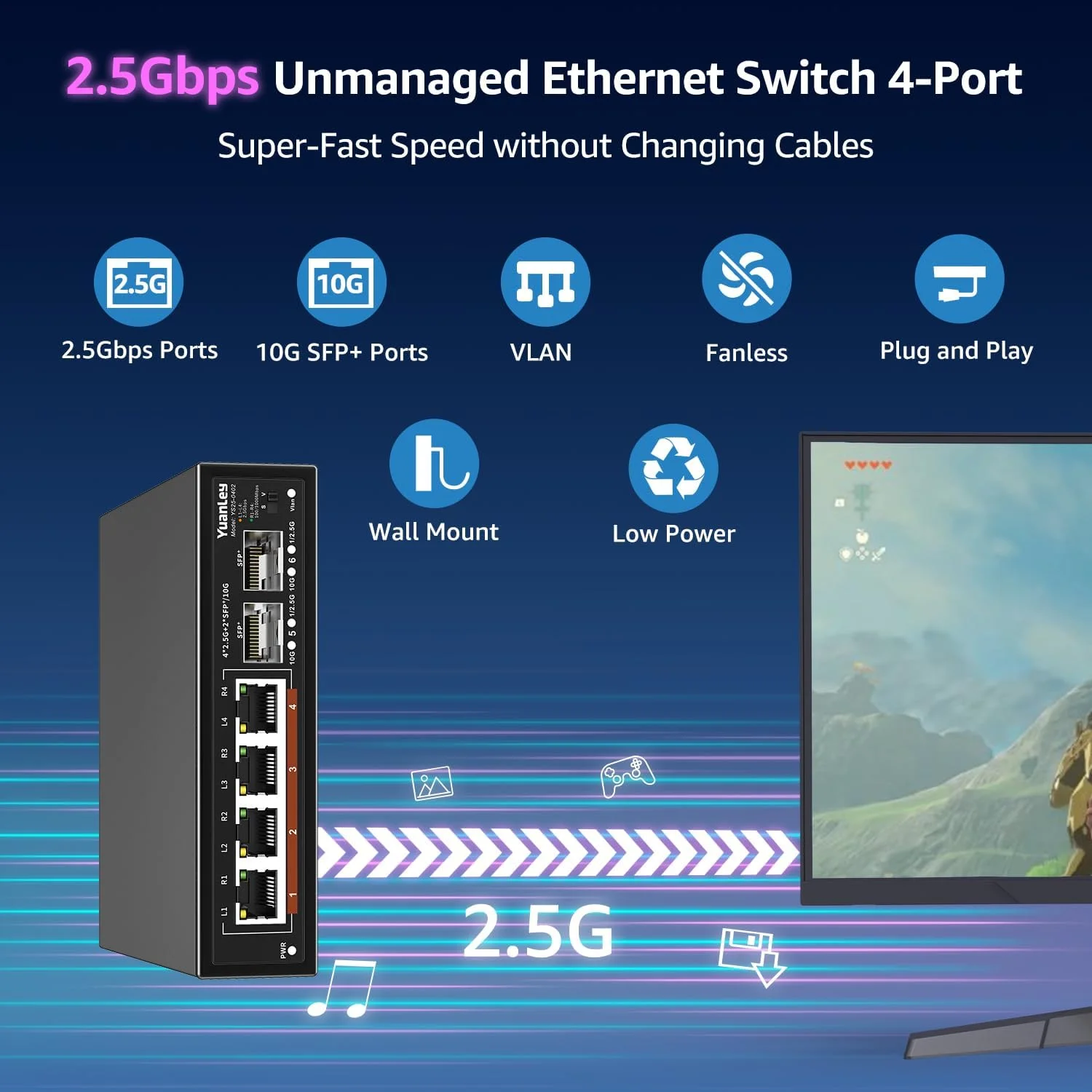 سوئیچ اترنت غیر مدیریتی 6 پورت 2.5G، دارای 4 پورت 2.5G Base-T، 2 پورت 10G SFP، سازگار با 100/1000/2500Mbps، VLAN، بدون فن، قابل نصب روی میز/دیوار YuanLey، سوئیچ شبکه 2.5Gbe برای AP بی سیم، NAS، PC