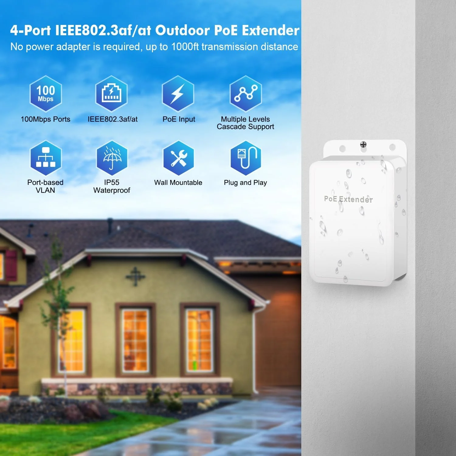 سوئیچ/اکستندر PoE چهار پورت MokerLink مناسب فضای باز، تکرار کننده PoE IEEE 802.3 af/at، 10/100 مگابیت بر ثانیه، 1 ورودی PoE و 3 خروجی PoE، سوئیچ عبور PoE ضد آب قابل نصب روی دیوار