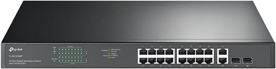 سوییچ 16 پورت گیگابیتی PoE تی پی-لینک مدل TL-SG1218MP با 16 پورت PoE+ @250W، به همراه 2 پورت آپ‌لینک گیگابیتی + 2 اسلات کمبو SFP، نصب آسان، بدنه فلزی مقاوم، قابل نصب در رک