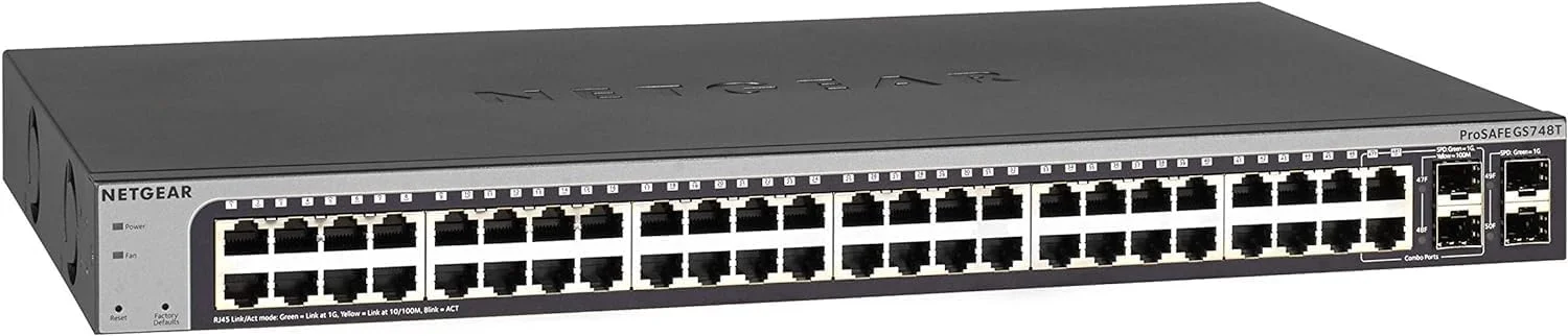 سوئیچ هوشمند 48 پورت گیگابیتی اترنت NETGEAR (GS748T) - مدیریت شده، با 2 پورت SFP 1G و 2 پورت کمبو 1G، قابل نصب روی میز یا رک، و حفاظت مادام العمر محدود