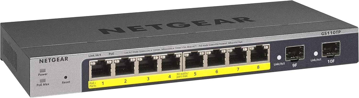 سوئیچ هوشمند گیگابیتی اترنت PoE نت گیر مدل GS110TP با 10 پورت - مدیریت شده، با 8 پورت PoE+ @ 55W، 2 پورت SFP 1G، قابلیت مدیریت ابری Insight (اختیاری)، قابلیت نصب روی میز یا دیوار و محافظت مادام العمر محدود