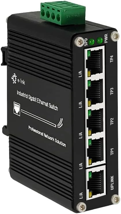 سوئیچ گیگابیتی صنعتی کوچک 5 پورت، سوئیچ اترنت سخت‌کاری شده 5 پورت RJ45 10/100/1000 مگابیت بر ثانیه، نصب ریلی Din، شامل نصب دیواری (40- تا 75 درجه سانتیگراد)، ظرفیت سوئیچینگ 10 گیگابیت بر ثانیه