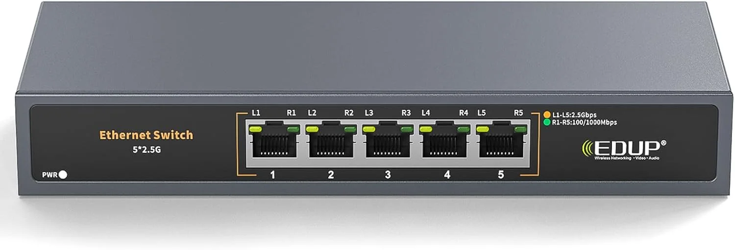 سوییچ اترنت 2.5 گیگابیتی، 5 پورت Multi-Gigabit، بدون نیاز به مدیریت، بدون فن، Plug & Play، اسپلیتر شبکه قابل اعتماد، ایده آل برای بازی، NAS، کامپیوتر، بی صدا، نصب روی میز/دیوار، طراحی فلزی