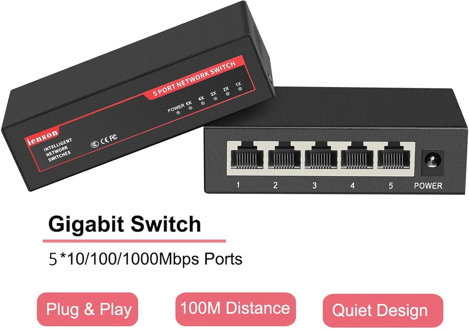 سوئیچ شبکه گیگابیتی 5 پورت، قابل نصب روی میز یا دیوار، با قابلیت Plug and Play و تشخیص هوش مصنوعی، سوئیچ شبکه اترنت کوچک غیرقابل مدیریت در بدنه فلزی، قرمز / مشکی