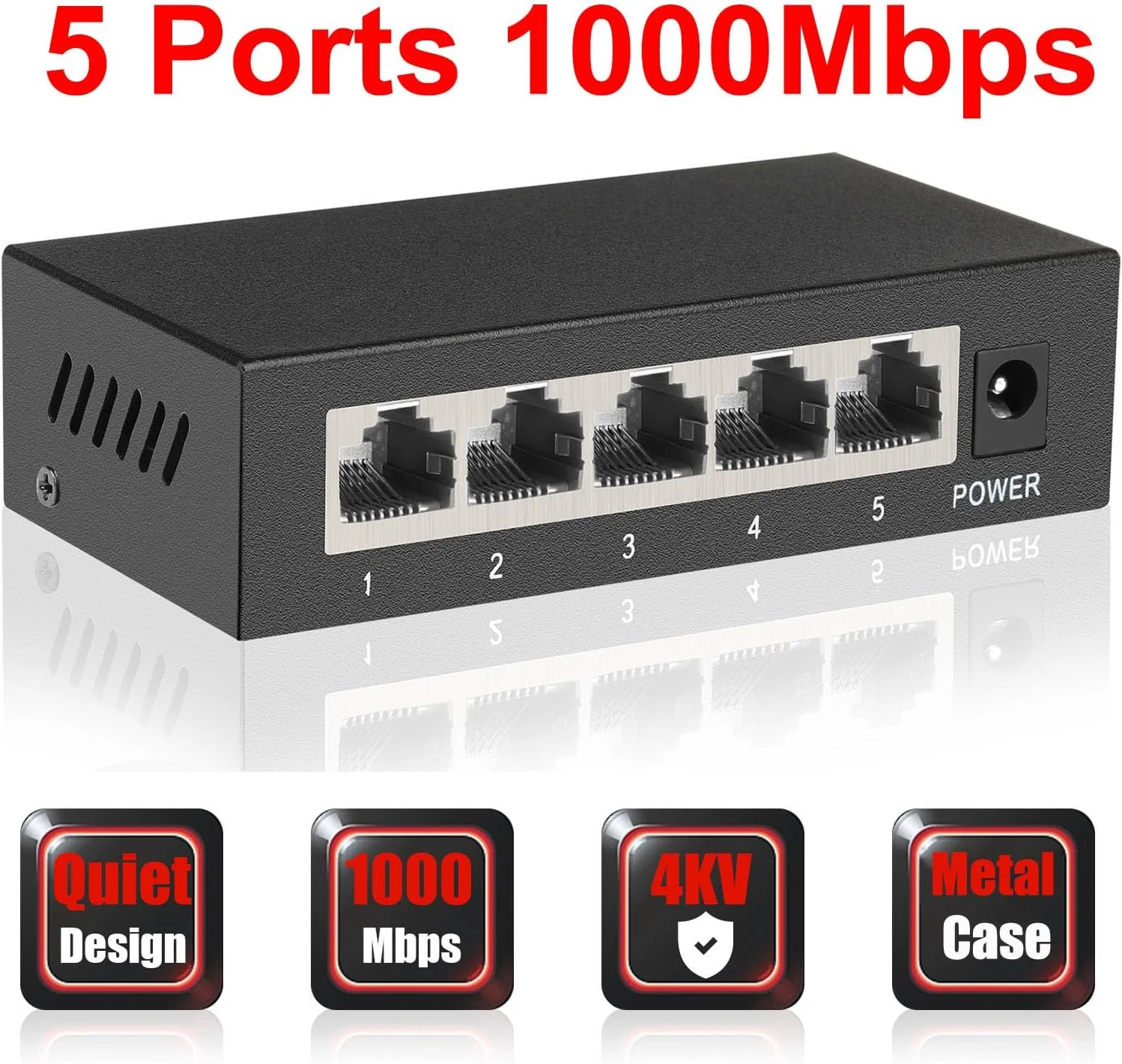 سوئیچ شبکه گیگابیتی 5 پورت، قابل نصب روی میز یا دیوار، با قابلیت Plug and Play و تشخیص هوش مصنوعی، سوئیچ شبکه اترنت کوچک غیرقابل مدیریت در بدنه فلزی، قرمز / مشکی