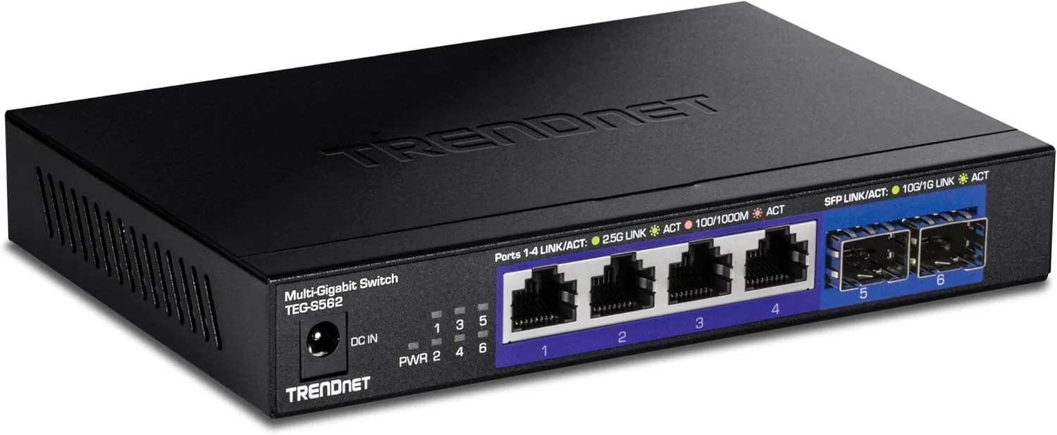 سوئیچ غیر مدیریتی چند گیگی 6 پورت TRENDnet، دارای 4 پورت 2.5GBASE-T، 2 پورت 10G SFP+ بدون فن، طراحی رومیزی جمع و جور، بدنه فلزی، سوئیچ اترنت شبکه، محافظت مادام العمر، مشکی، TEG-S562
