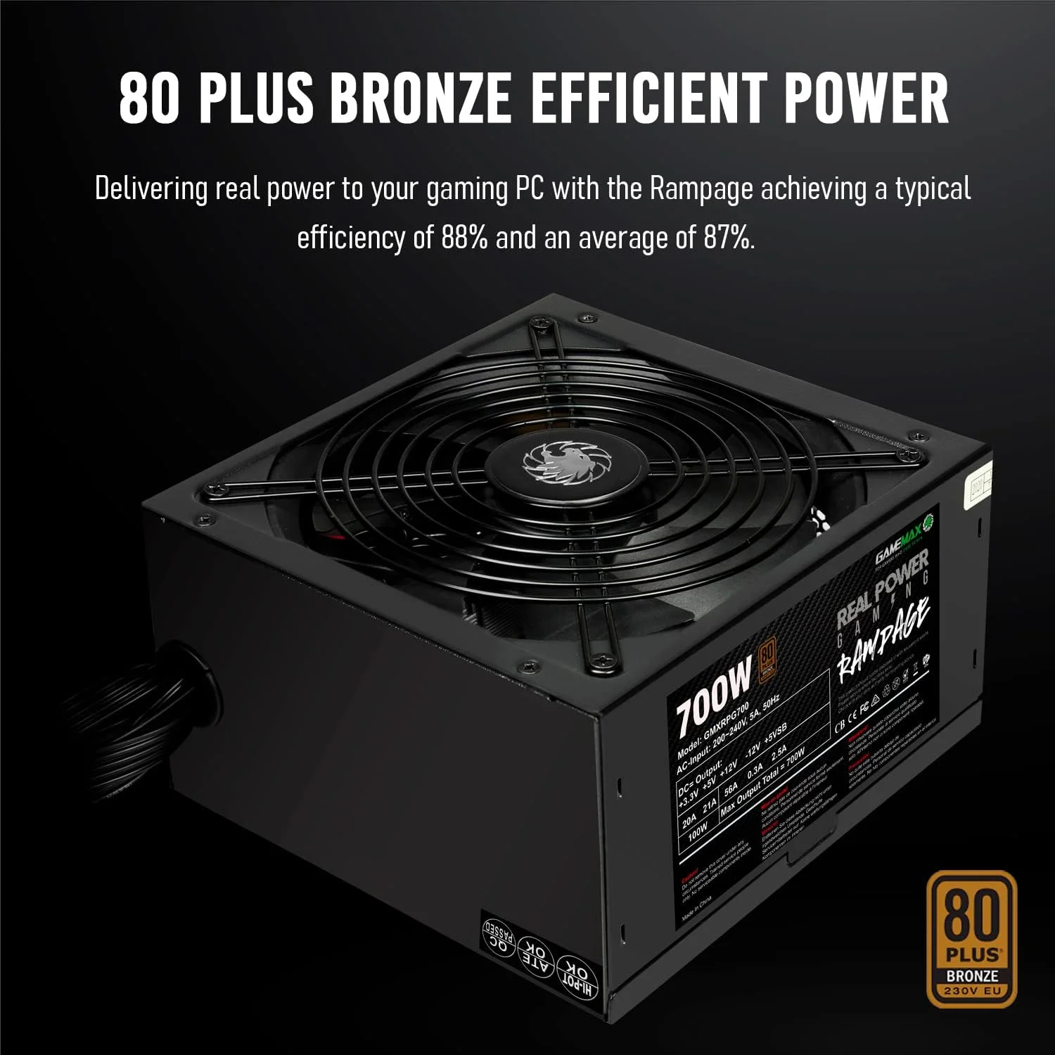 منبع تغذیه 700 واتی GameMax Rampage (بدون کابل برق)، غیر ماژولار، APFC، خازن اصلی Tk ژاپنی، 80 Plus Bronze، بازدهی 88٪، فن خنک کننده 14 سانتی متری، قدرت واقعی گیمینگ | مشکی منبع تغذیه 700 واتی GameMax Rampage (بدون کابل برق)، غیر ماژولار، APFC، خازن اصلی Tk ژاپنی، 80 Plus Bronze، بازدهی 88٪، فن خنک کننده 14 سانتی متری، قدرت واقعی گیمینگ | مشکی