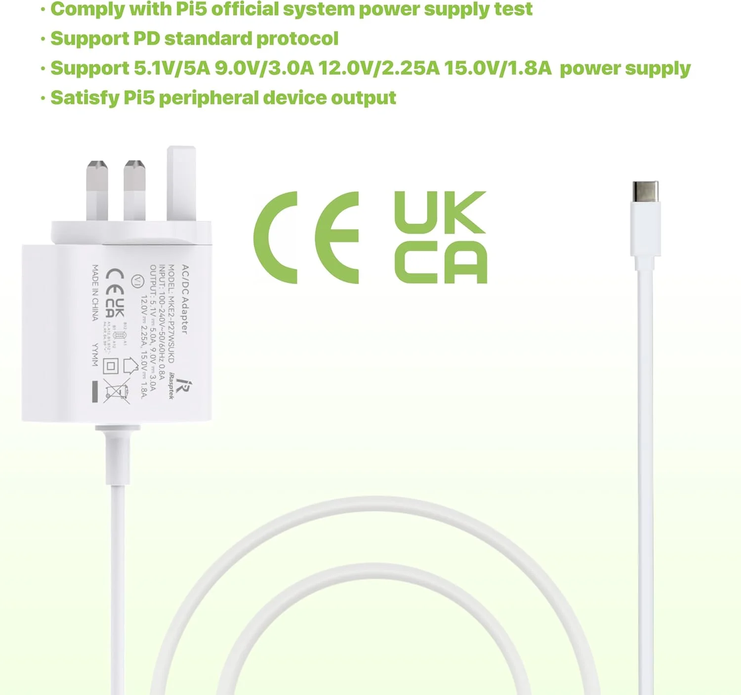 منبع تغذیه 27 واتی iRasptek Raspberry Pi 5، آداپتور برق USB-C PD 5.1 ولت/5 آمپر برای Raspberry Pi 5 (سفید) منبع تغذیه 27 واتی iRasptek Raspberry Pi 5، آداپتور برق USB-C PD 5.1 ولت/5 آمپر برای Raspberry Pi 5 (سفید)