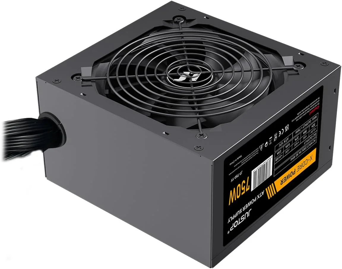 منبع تغذیه 750 واتی مشکی JUSTOP، منبع تغذیه سوییچینگ، کامپیوتر رومیزی PC ATX، فن 120 میلی متری، 8 پین 12 ولت، 6+2 پین PCI-E، 6x SATA