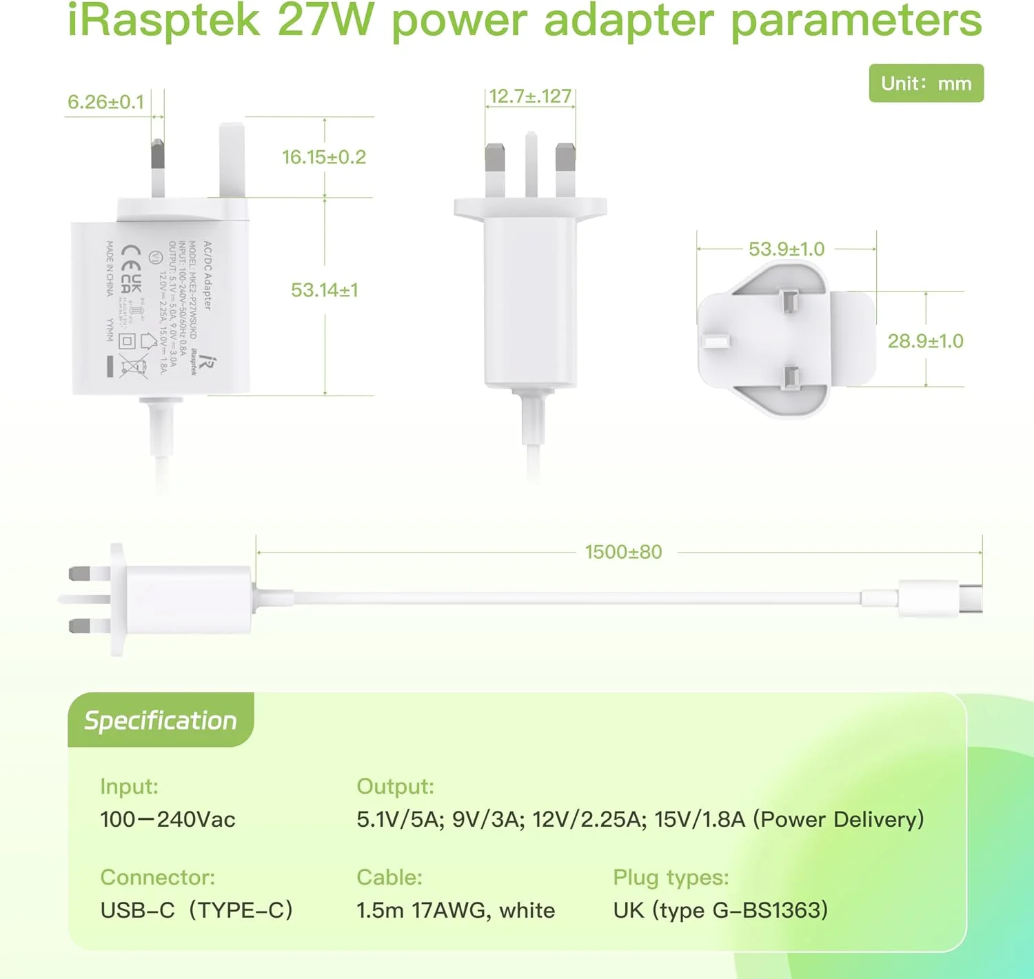 منبع تغذیه 27 واتی iRasptek Raspberry Pi 5، آداپتور برق USB-C PD 5.1 ولت/5 آمپر برای Raspberry Pi 5 (سفید) منبع تغذیه 27 واتی iRasptek Raspberry Pi 5، آداپتور برق USB-C PD 5.1 ولت/5 آمپر برای Raspberry Pi 5 (سفید)