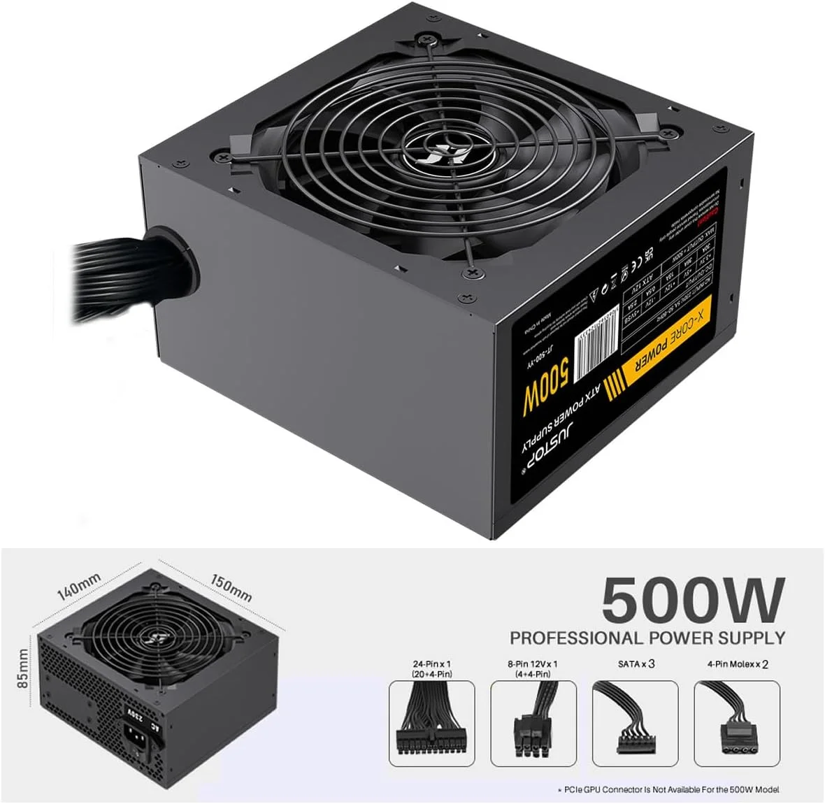 منبع تغذیه 500 واتی ATX مشکی JUSTOP، منبع تغذیه سوئیچینگ، کامپیوتر رومیزی، فن 120 میلی متری، 4+4 پین 12 ولت، 6x SATA