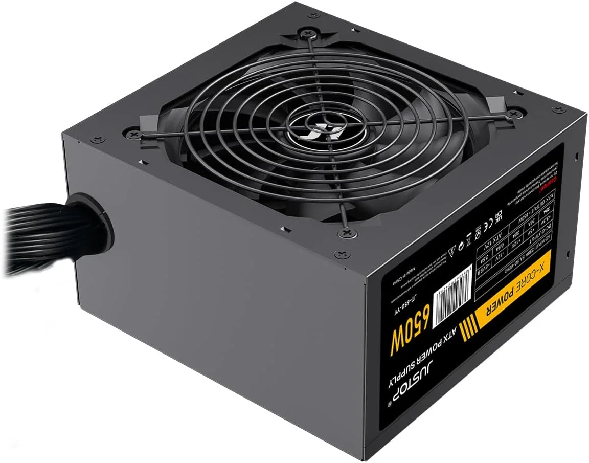 منبع تغذیه 650 واتی مشکی JUSTOP، منبع تغذیه سوئیچینگ ATX، کامپیوتر رومیزی، با فن 120 میلی متری، 8 پین 12 ولت، 6+2 پین PCI-E، 6x SATA (650W) منبع تغذیه 650 واتی مشکی JUSTOP، منبع تغذیه سوئیچینگ ATX، کامپیوتر رومیزی، با فن 120 میلی متری، 8 پین 12 ولت، 6+2 پین PCI-E، 6x SATA (650W)