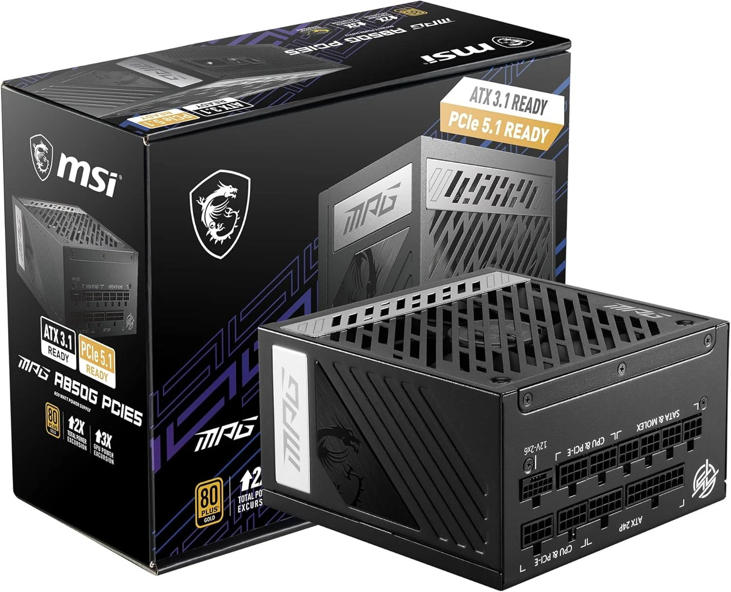 منبع تغذیه گیمینگ MSI A850G PCIE 5 - تمام ماژولار - دارای گواهینامه 80 Plus Gold با توان 850 وات - دارای خازن های 105 درجه سانتیگراد ژاپنی - اندازه جمع و جور - PSU ATX