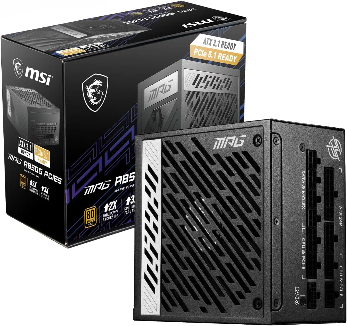 منبع تغذیه MSI MPG A850G PCIE5، دوشاخه UK - توان 850 وات، گواهینامه 80 پلاس گلد، کاملاً ماژولار ATX 3.0، پشتیبانی از کارت گرافیک PCIe 5.0، خازن های ژاپنی 105 درجه سانتیگراد، حالت 0% RPM، کابل های تخت - 10 سال 