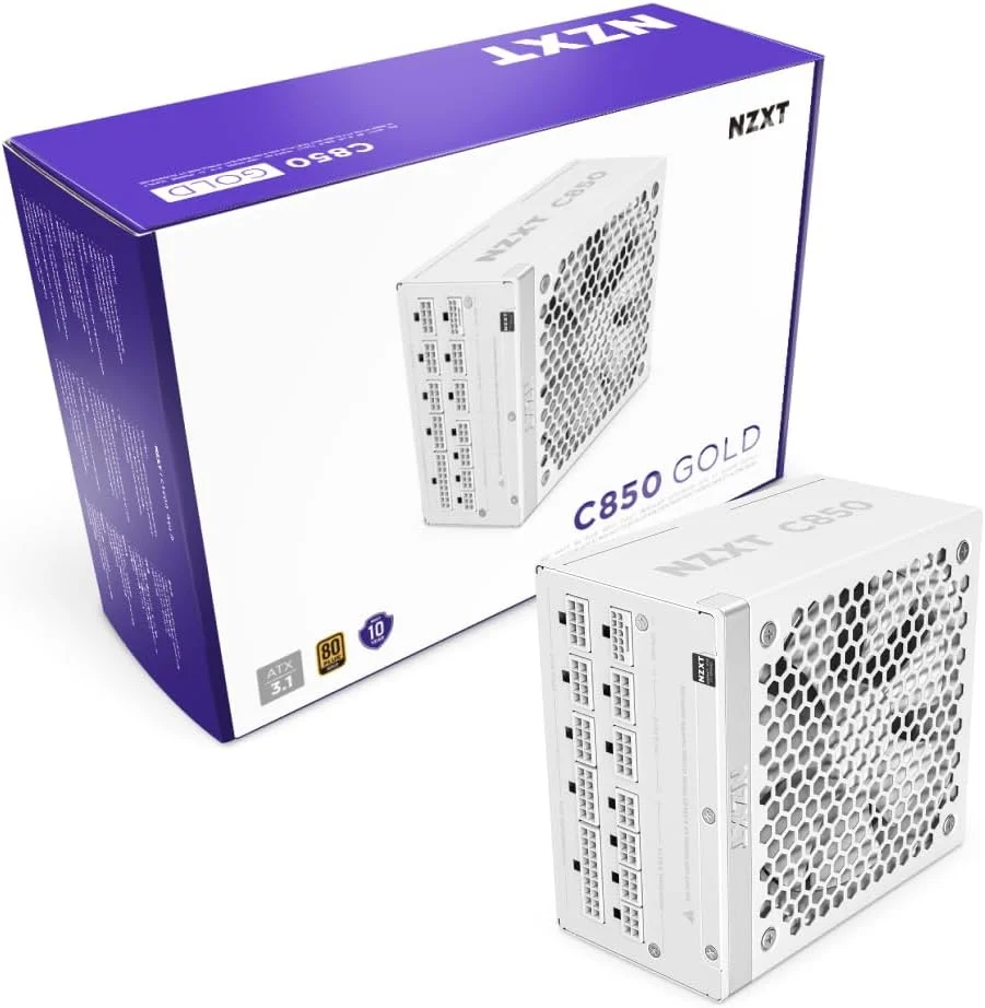 منبع تغذیه کامپیوتر گیمینگ NZXT C850 Gold ATX 3.1 - کاملاً ماژولار، کم صدا - 850 وات - 80 پلاس گلد - کانکتور 12V-2x6 - حالت Zero Fan - خازن های 100% ژاپنی - سفید
