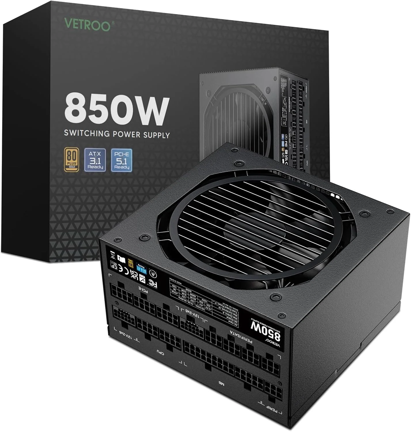 منبع تغذیه 850 واتی Vetroo، دوگانه PCIe 5.1 ATX 3.1، 80 پلاس گلد، کاملا ماژولار، عملکرد بی صدا با فن 120 میلی متری FDB - مشکی