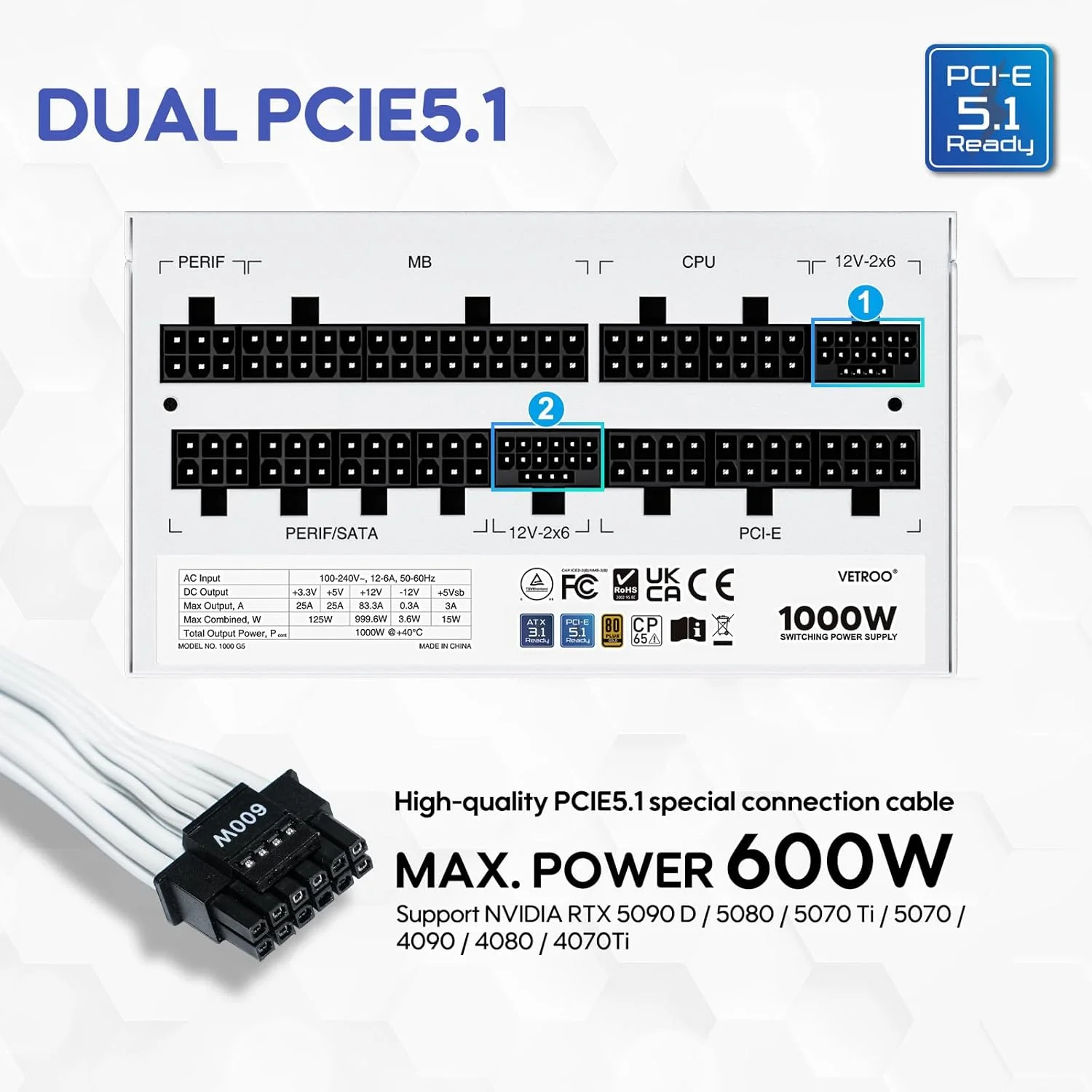 منبع تغذیه 1000 واتی Vetroo سفید، ATX 3.1 آماده، PCIe 5.1 دوگانه، 80 پلاس گلد، کاملا ماژولار، حالت اکو با فن 120 میلیمتری FDB، اندازه جمع و جور، برای رایانه شخصی گیمینگ منبع تغذیه 1000 واتی Vetroo سفید، ATX 3.1 آماده، PCIe 5.1 دوگانه، 80 پلاس گلد، کاملا ماژولار، حالت اکو با فن 120 میلیمتری FDB، اندازه جمع و جور، برای رایانه شخصی گیمینگ