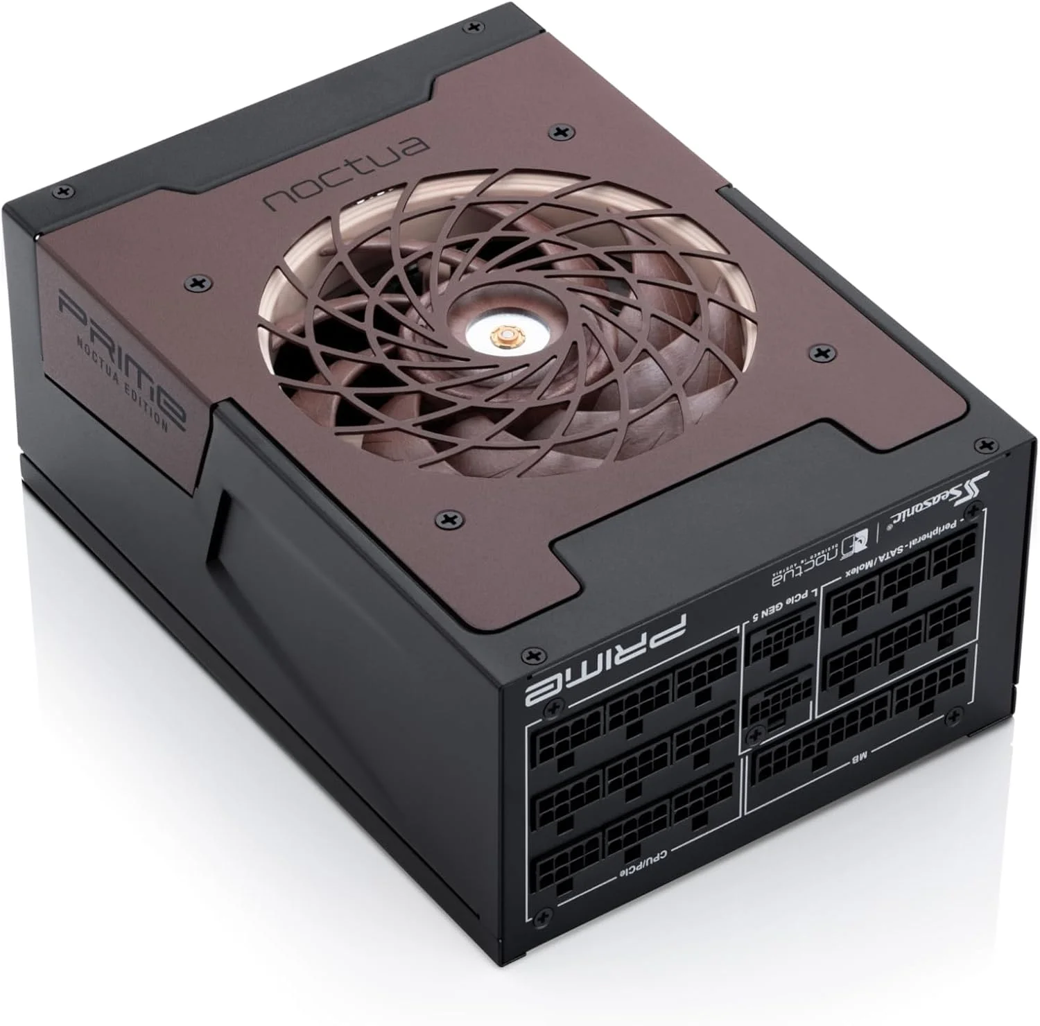منبع تغذیه کامپیوتر 1600 واتی Seasonic Prime TX-1600 Noctua Edition، فوق العاده بی صدا، کاملا ماژولار، دارای گواهینامه 80 Plus Titanium، ATX 3.1 (مشکی/قهوه ای) به همراه کابل برق AC بریتانیا