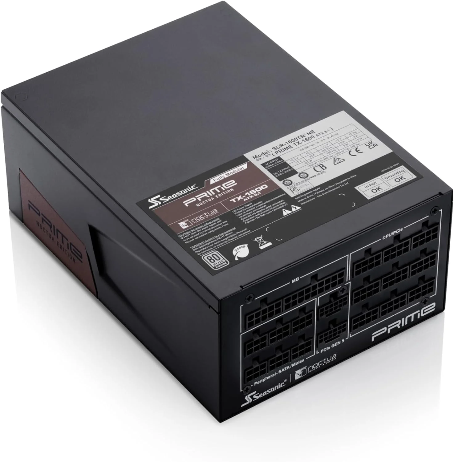 منبع تغذیه کامپیوتر 1600 واتی Seasonic Prime TX-1600 Noctua Edition، فوق العاده بی صدا، کاملا ماژولار، دارای گواهینامه 80 Plus Titanium، ATX 3.1 (مشکی/قهوه ای) به همراه کابل برق AC بریتانیا منبع تغذیه کامپیوتر 1600 واتی Seasonic Prime TX-1600 Noctua Edition، فوق العاده بی صدا، کاملا ماژولار، دارای گواهینامه 80 Plus Titanium، ATX 3.1 (مشکی/قهوه ای) به همراه کابل برق AC بریتانیا