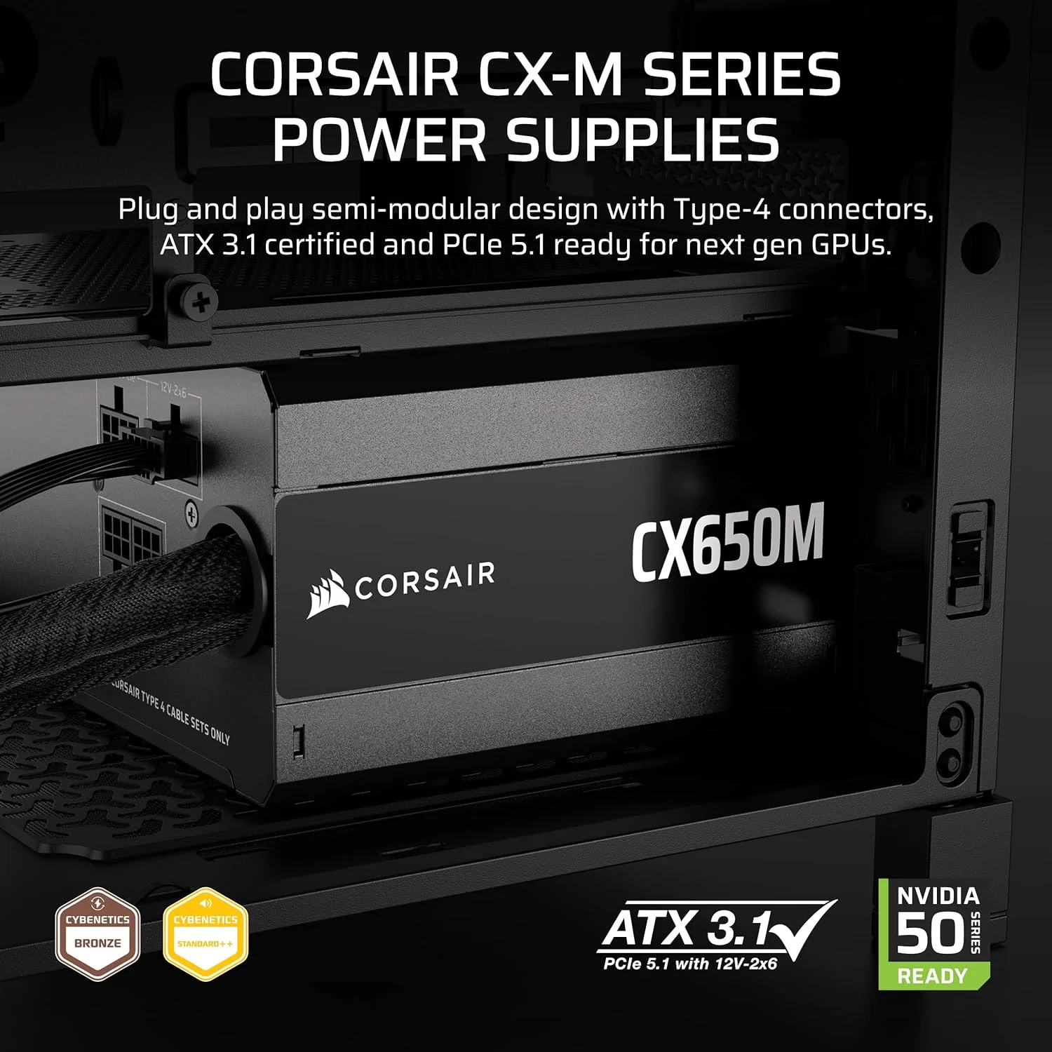 منبع تغذیه 650 واتی نیمه ماژولار Corsair CX650M (2025) ATX 3.1 PCIe 5.1 با نویز کم به همراه کابل 12V-2x6 – دارای رتبه بندی راندمان Cybenetics Bronze، توپولوژی LLC و خازن های 105 درجه سانتیگراد – مشکی منبع تغذیه 650 واتی نیمه ماژولار Corsair CX650M (2025) ATX 3.1 PCIe 5.1 با نویز کم به همراه کابل 12V-2x6 – دارای رتبه بندی راندمان Cybenetics Bronze، توپولوژی LLC و خازن های 105 درجه سانتیگراد – مشکی