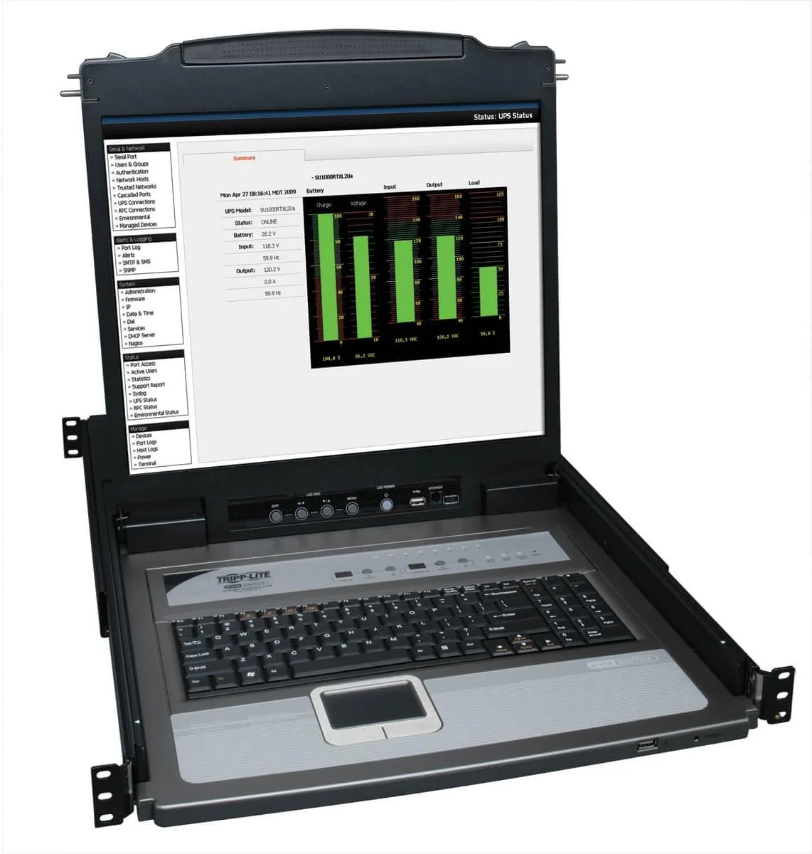 سوئیچ KVM کنسولی 8 پورت Tripp Lite B020-U08-19-K با LCD 19 اینچی و 8 کابل ترکیبی PS2/USB، مشکی